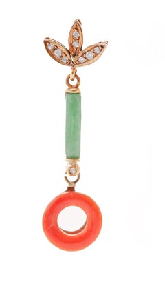 Coral, Jade, Diamonds, Rose Gold and Silver Dangle Earrings.