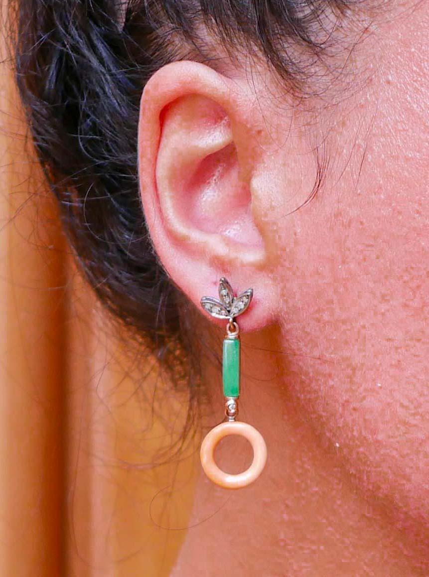 Boucles d'oreilles en corail, jade, diamants, or rose et argent. Bon état - En vente à Marcianise, Marcianise (CE)