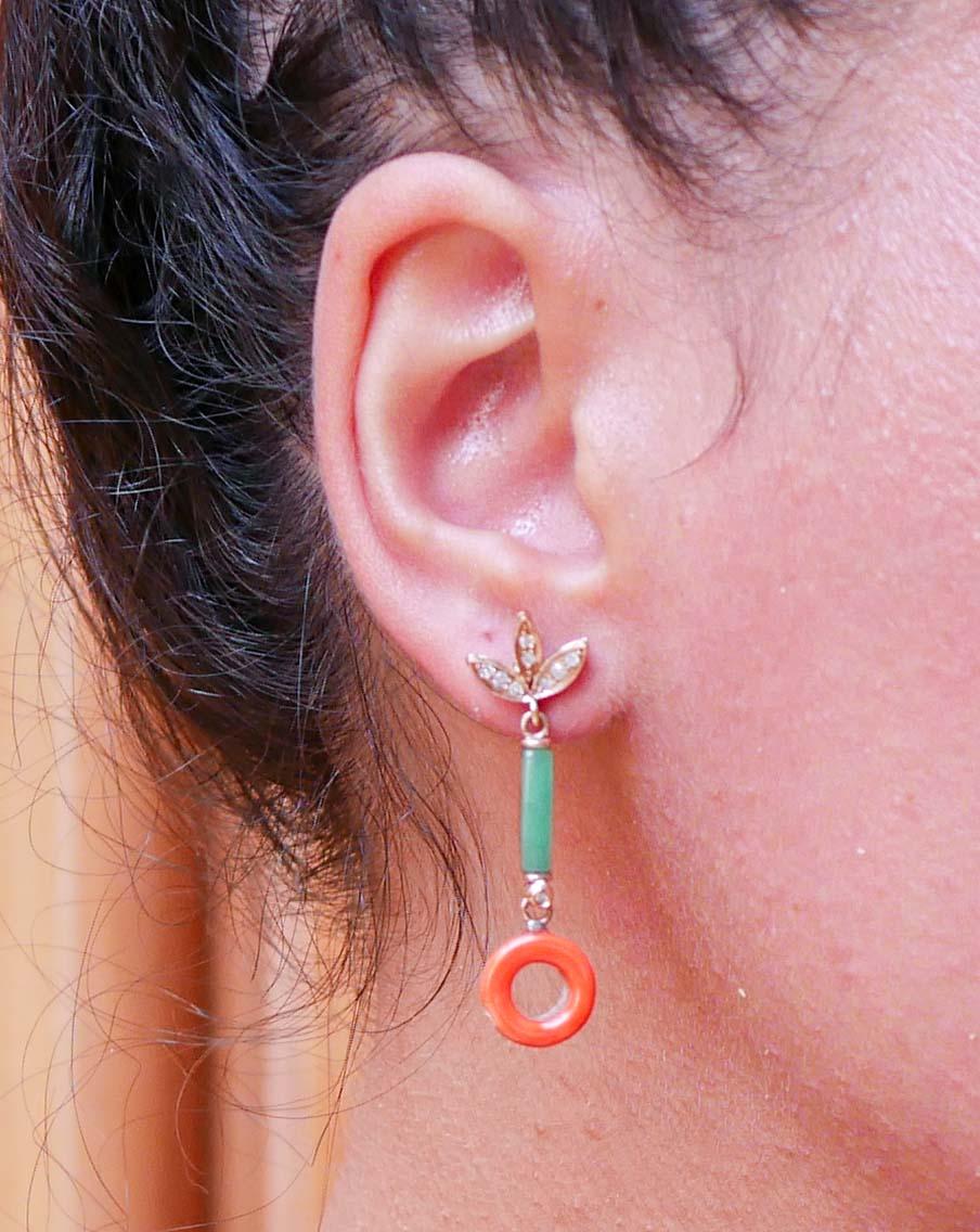 Boucles d'oreilles en corail, jade, diamants, or rose et argent. Bon état - En vente à Marcianise, Marcianise (CE)