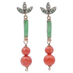 Coral, Jade, Emeralds, Diamonds, Rose Gold and Silver Retrò Earrings