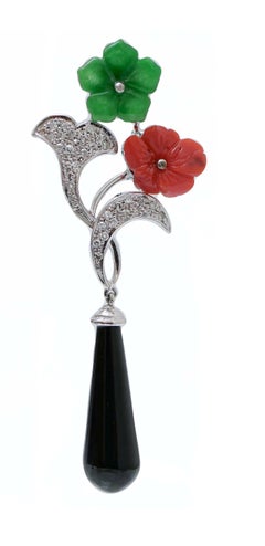 Coral, Jade, Onyx, Diamonds, Platinum Earrings.