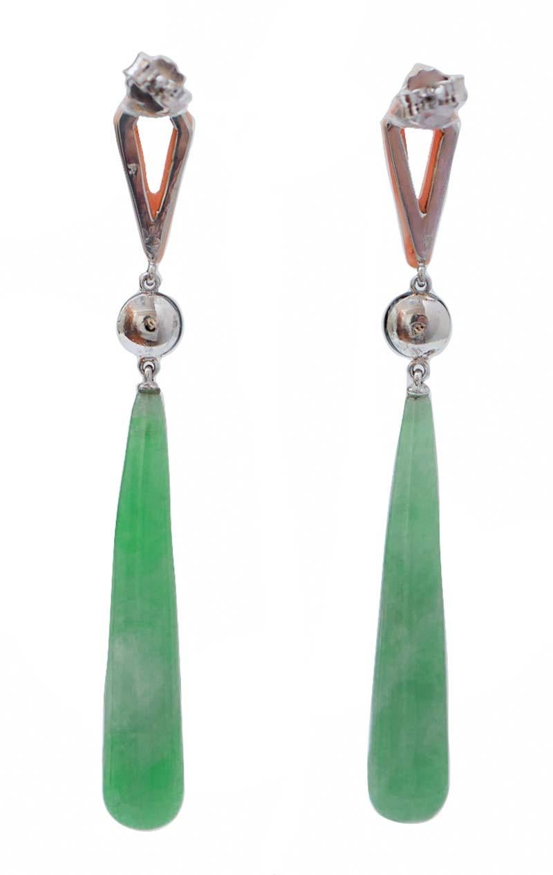 Retro Coral, Jade, Onyx, Diamonds, Platinum Earrings. For Sale