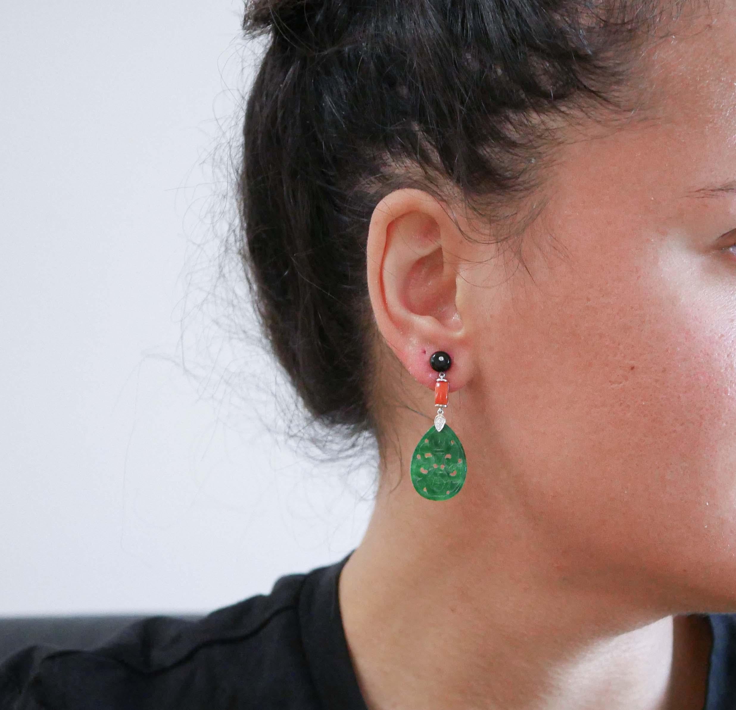 Mixed Cut Coral, Jade, Onyx, Diamonds, Platinum Earrings.
