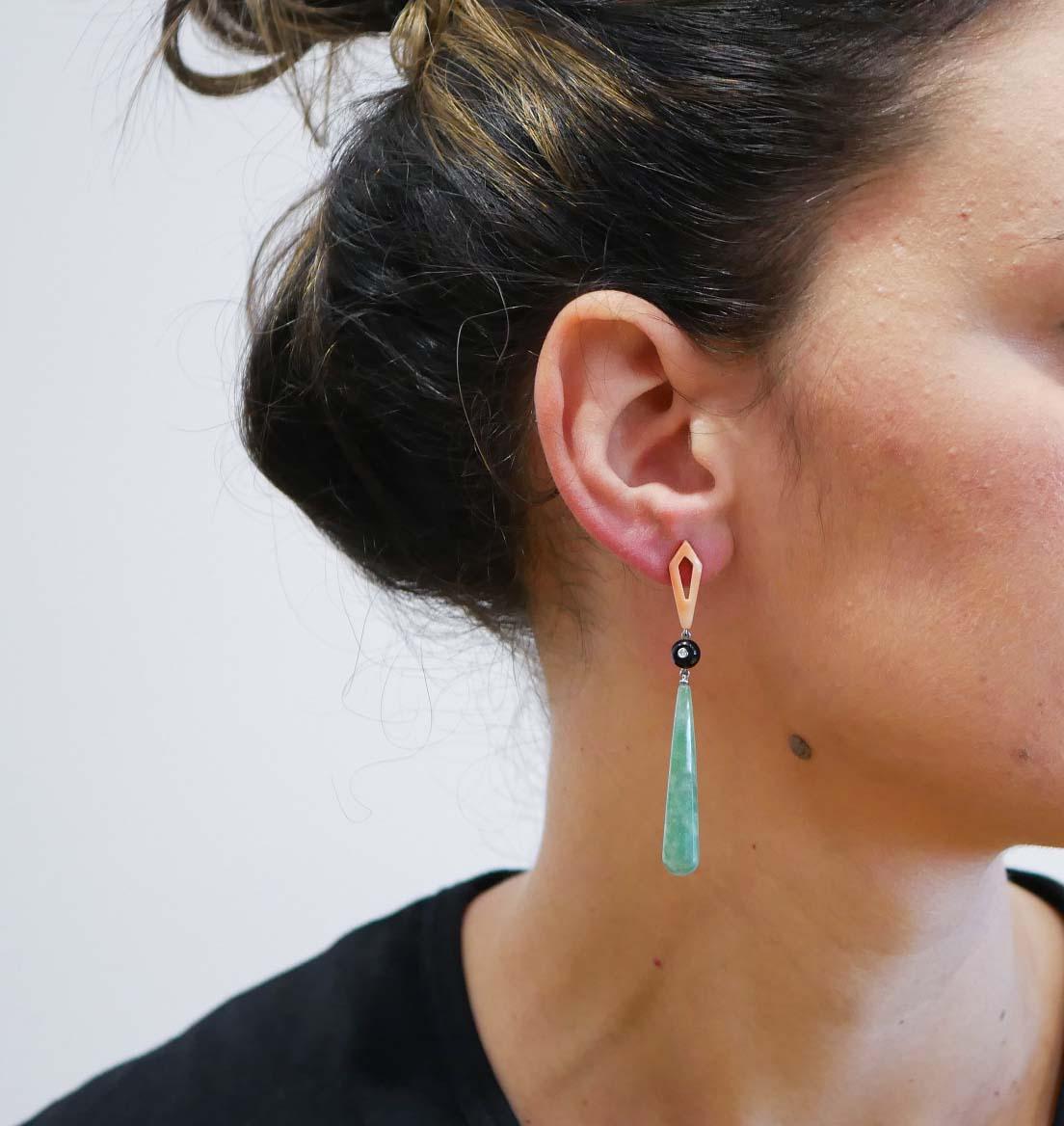 Mixed Cut Coral, Jade, Onyx, Diamonds, Platinum Earrings. For Sale