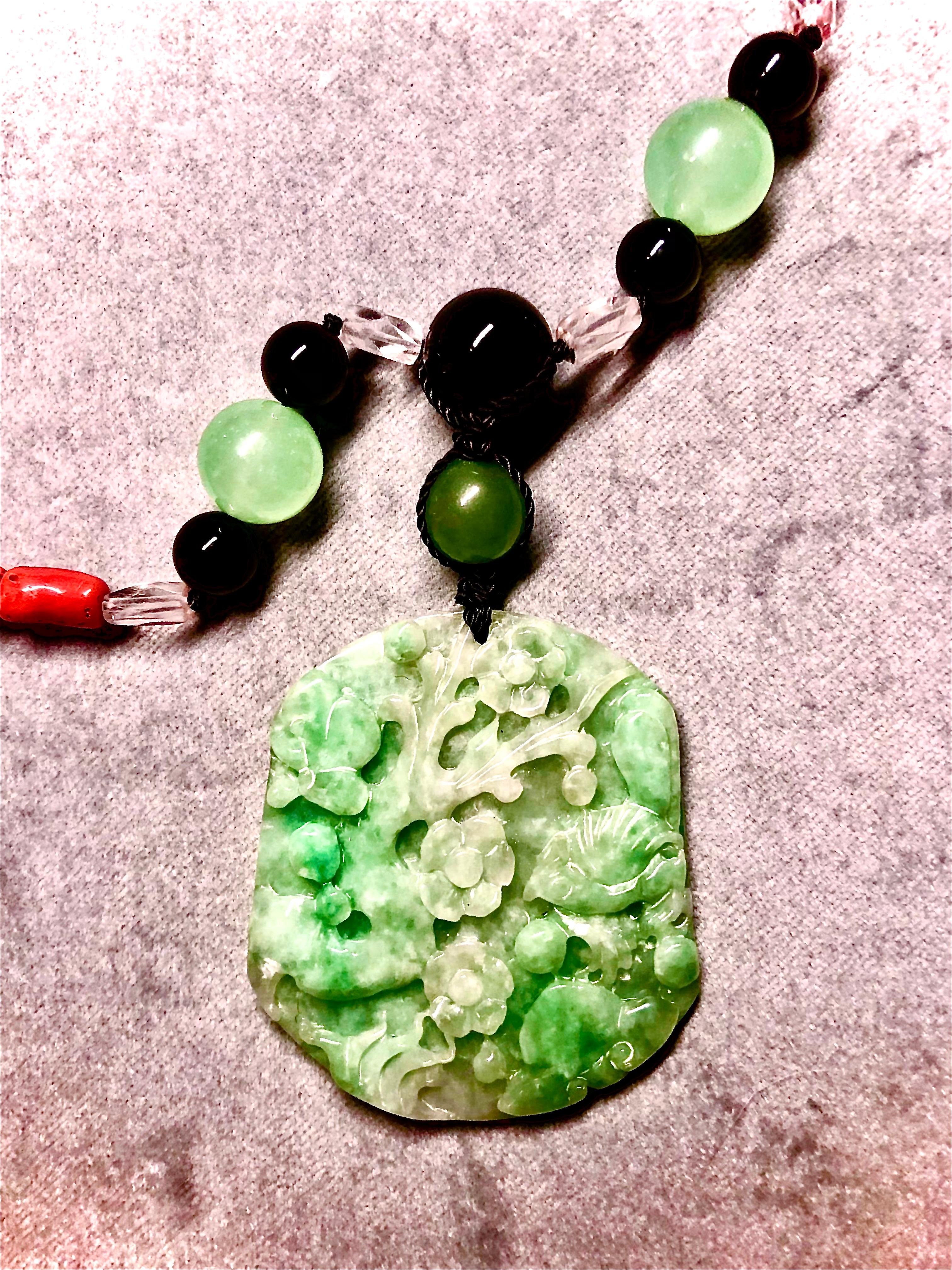Bead Coral, jade, rock crystal and black onyx sautoir For Sale