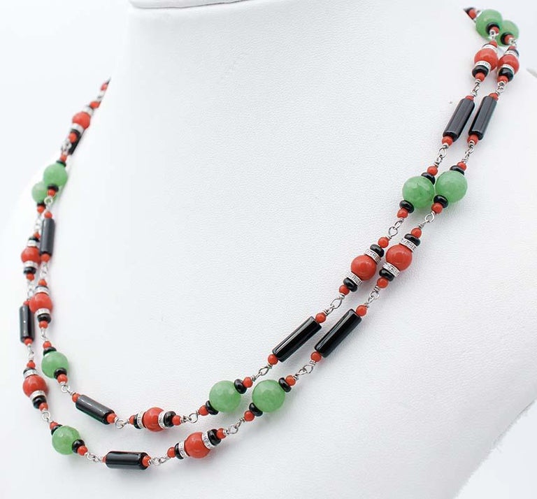 Mixed Cut Coral, Jade, Diamonds, Onyx, 9 Kt White Gold Multi-Strands Necklace For Sale
