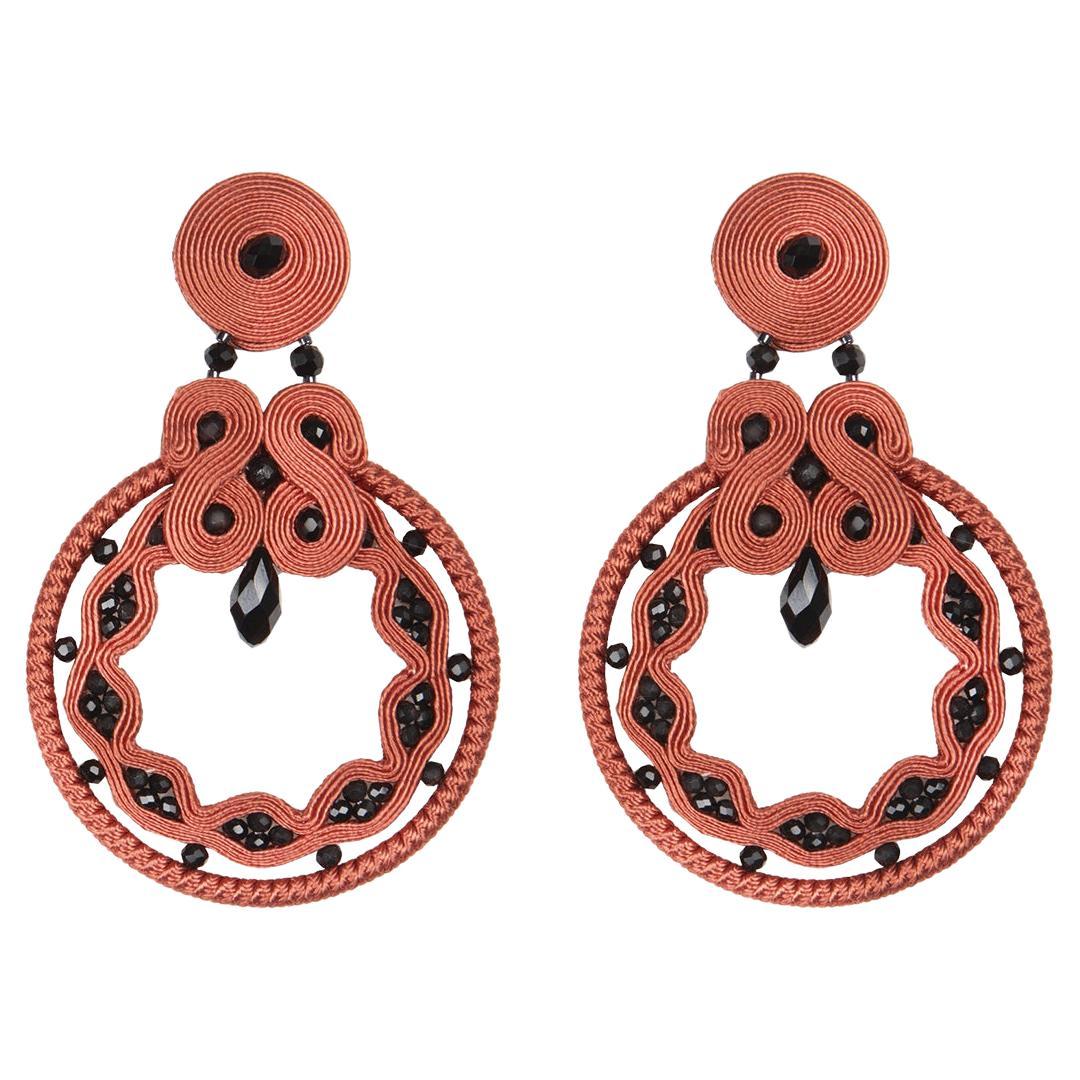 Coral & Jet Soutache Earrings with Silk Rayon, Crystal Beads & Silver Closure For Sale