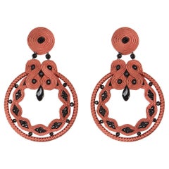 Coral & Jet Soutache Earrings with Silk Rayon, Crystal Beads & Silver Closure