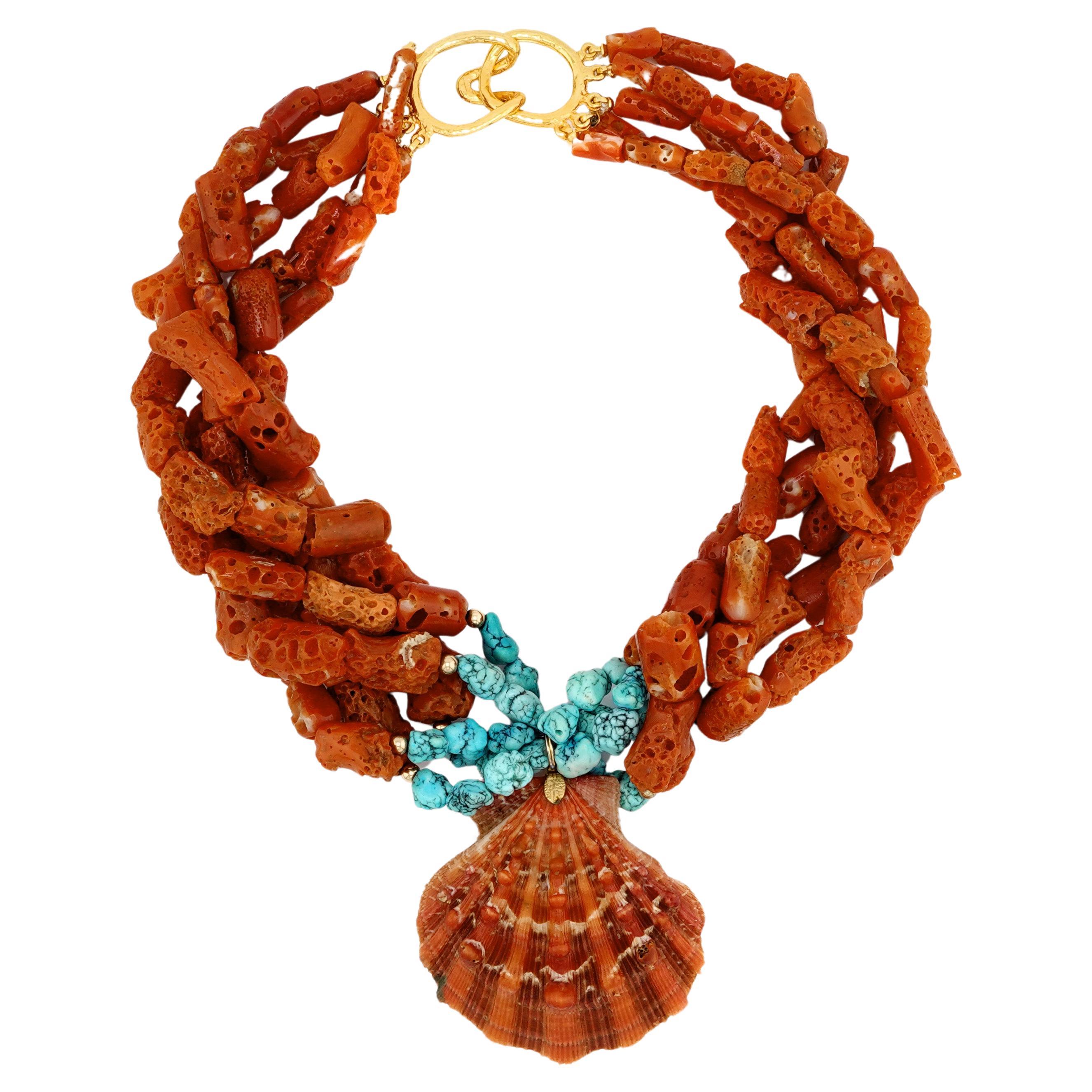 COLLECTORS ITEM: Multistrand Coral Junks & Turquoise Nuggets & Red Scallop Shell For Sale