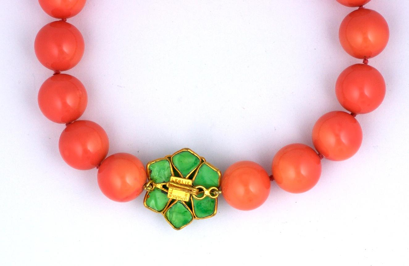Modern  Coral Lacquer Mother of Pearl and Poured Glass Zinnia Necklace, MWLC For Sale