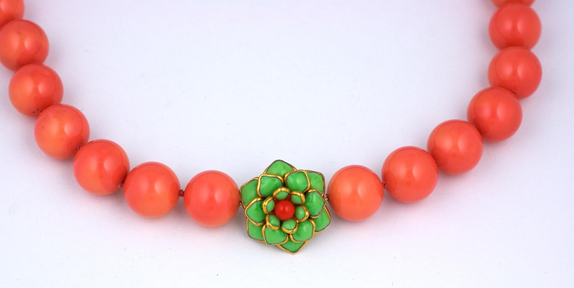  Coral Lacquer Mother of Pearl and Poured Glass Zinnia Necklace, MWLC In New Condition For Sale In New York, NY