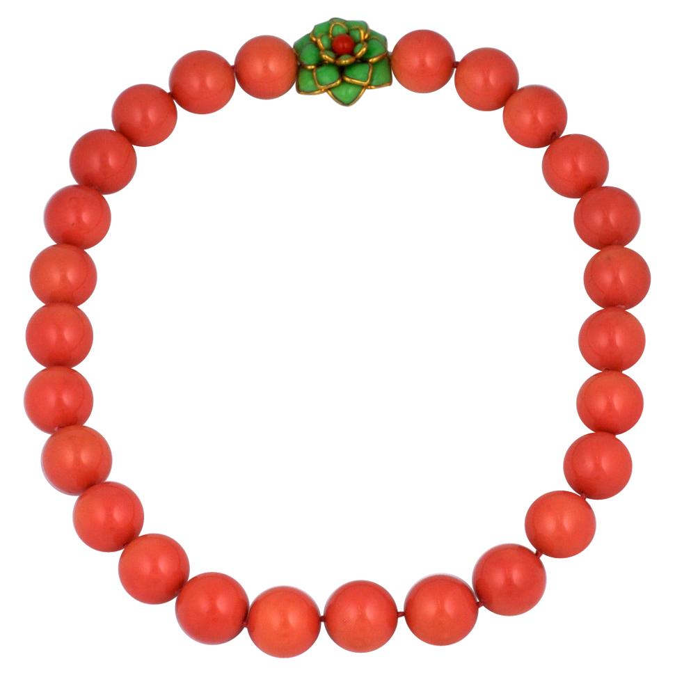  Coral Lacquer Mother of Pearl and Poured Glass Zinnia Necklace, MWLC For Sale