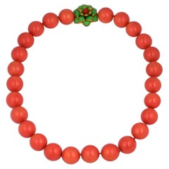 Coral Lacquer Mother of Pearl and Poured Glass Zinnia Necklace, MWLC