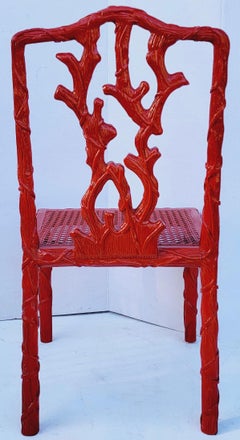 Coral Lacquered Faux Bois Caned Side Chair Att. to Dennis & Leen
