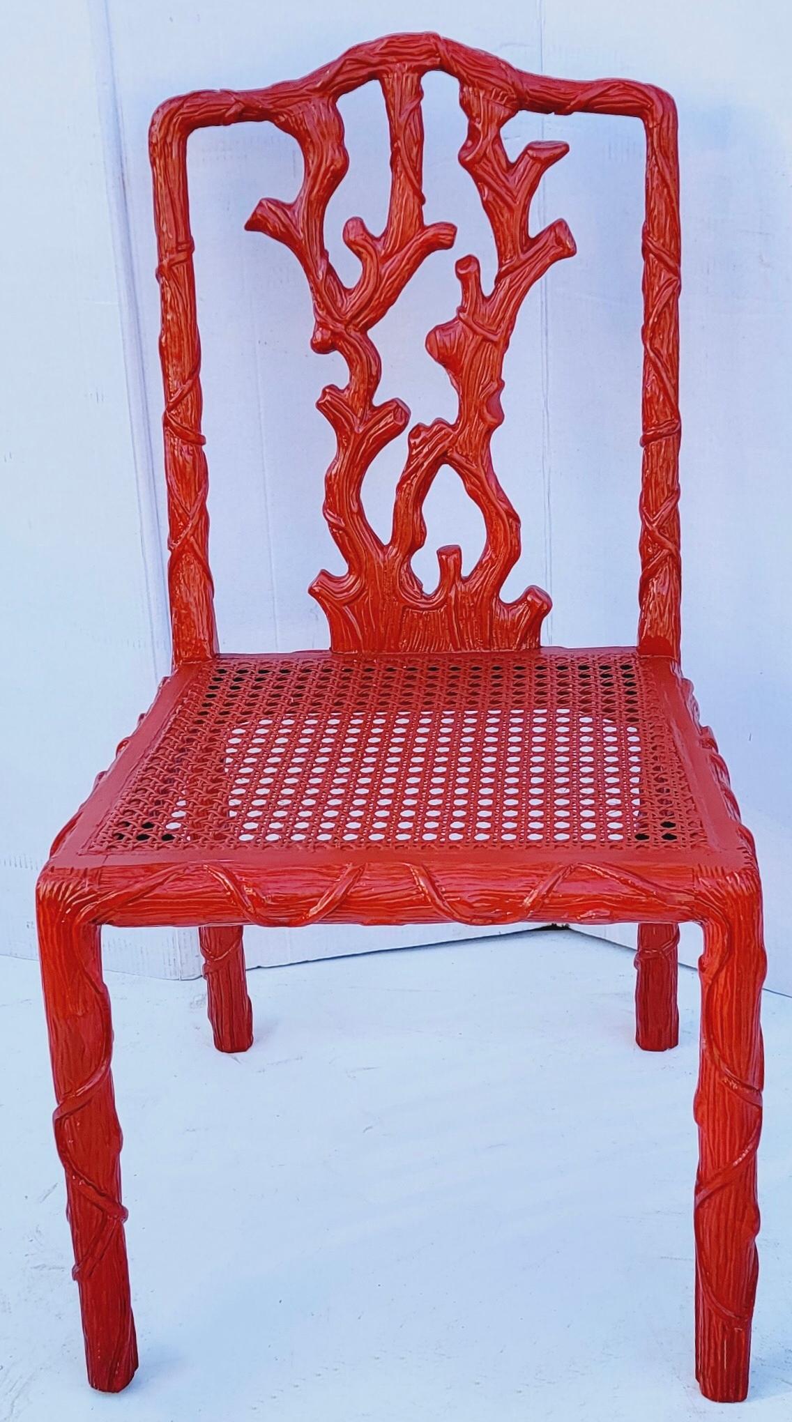 American Coral Lacquered Faux Bois Caned Side Chair Att. to Dennis & Leen