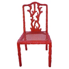 Coral Lacquered Faux Bois Caned Side Chair Att. to Dennis & Leen