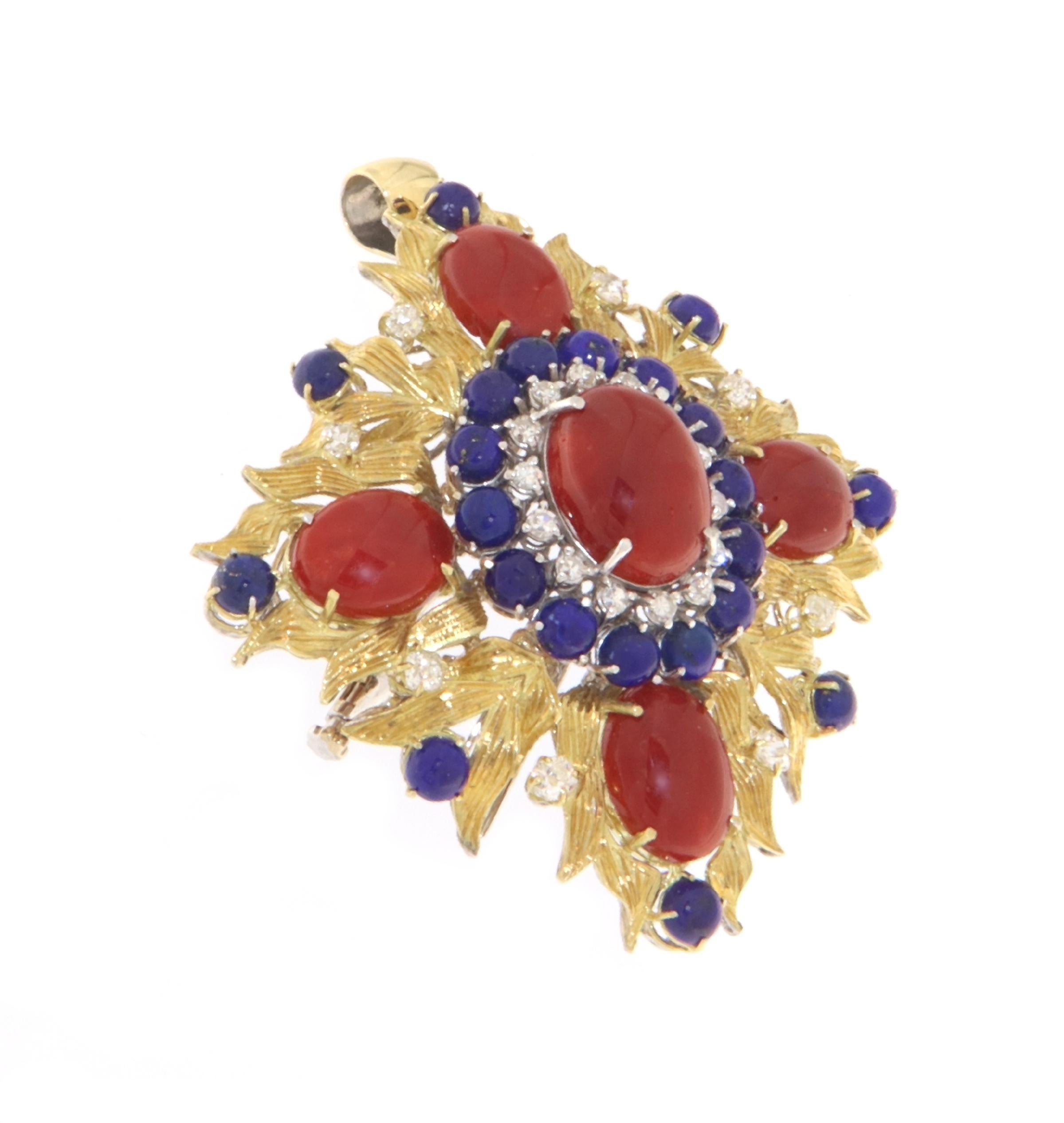 Artisan Coral Lapis Diamonds 18 Karat Yellow Gold Brooch And Pendant Necklace For Sale