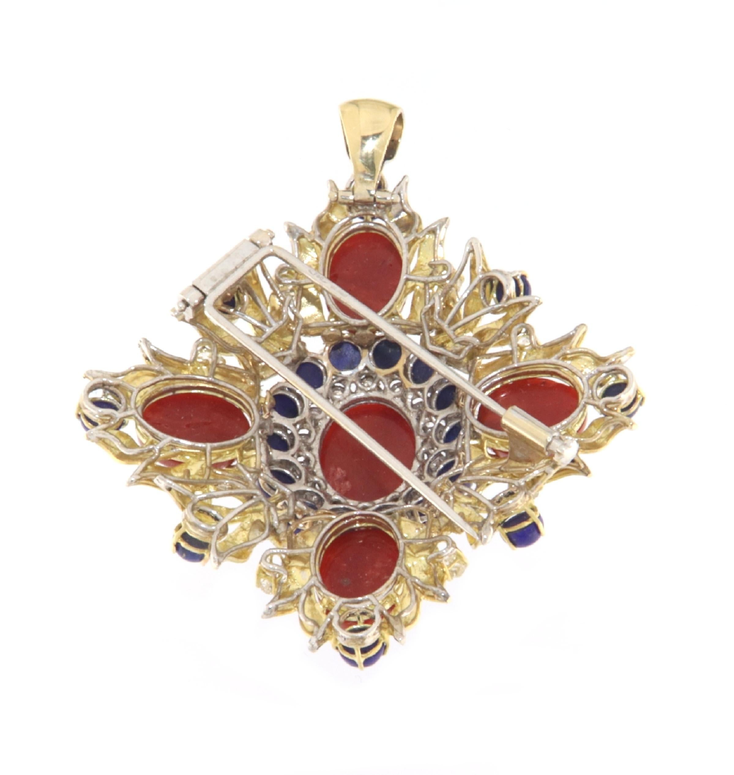 Brilliant Cut Coral Lapis Diamonds 18 Karat Yellow Gold Brooch And Pendant Necklace For Sale