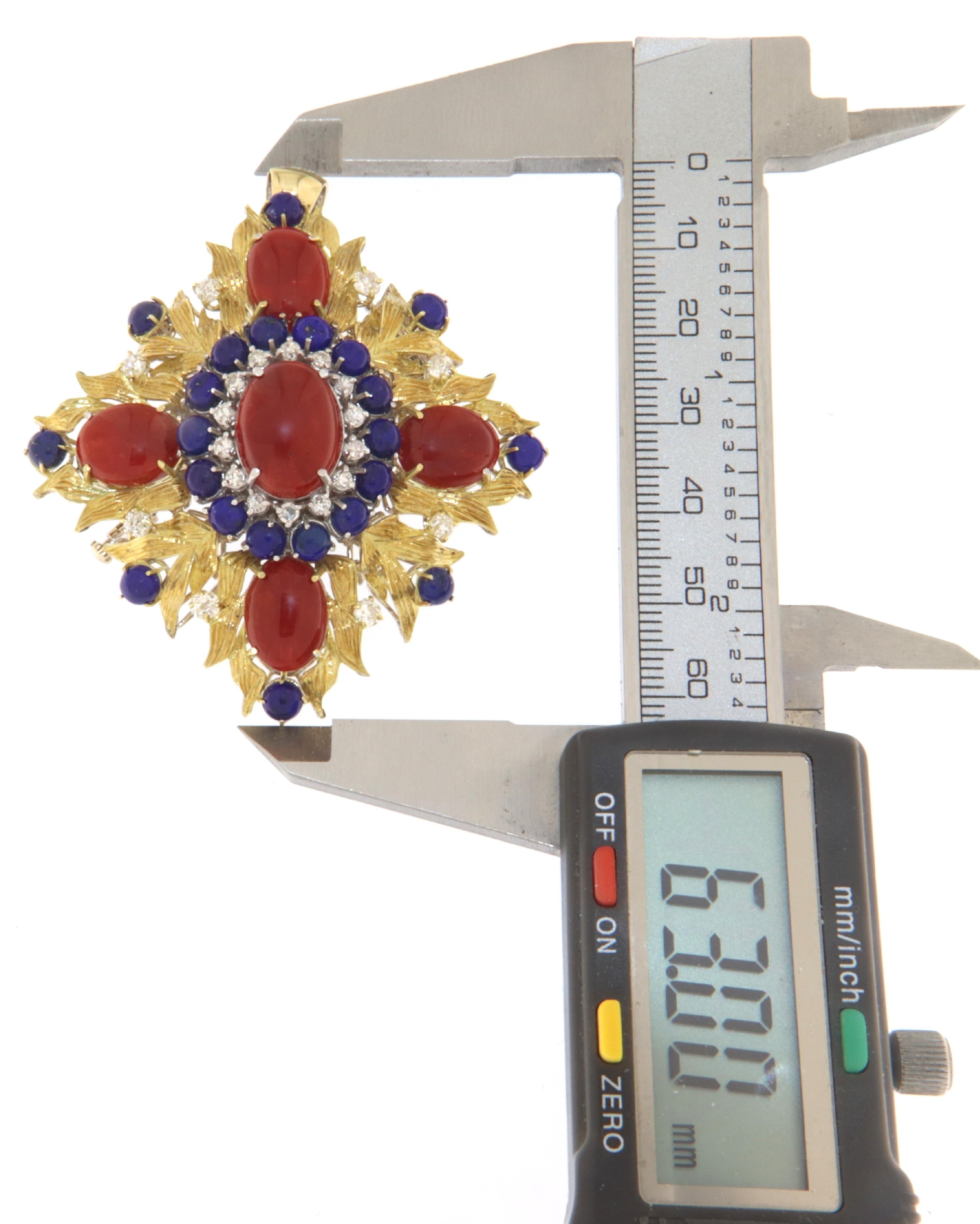 Coral Lapis Diamonds 18 Karat Yellow Gold Brooch And Pendant Necklace In New Condition For Sale In Marcianise, IT