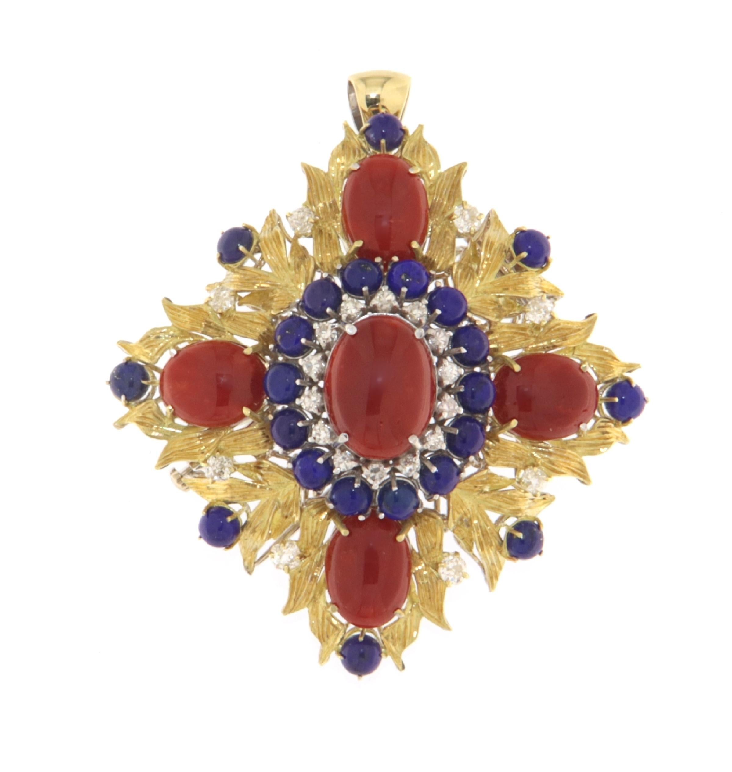 Women's Coral Lapis Diamonds 18 Karat Yellow Gold Brooch And Pendant Necklace For Sale