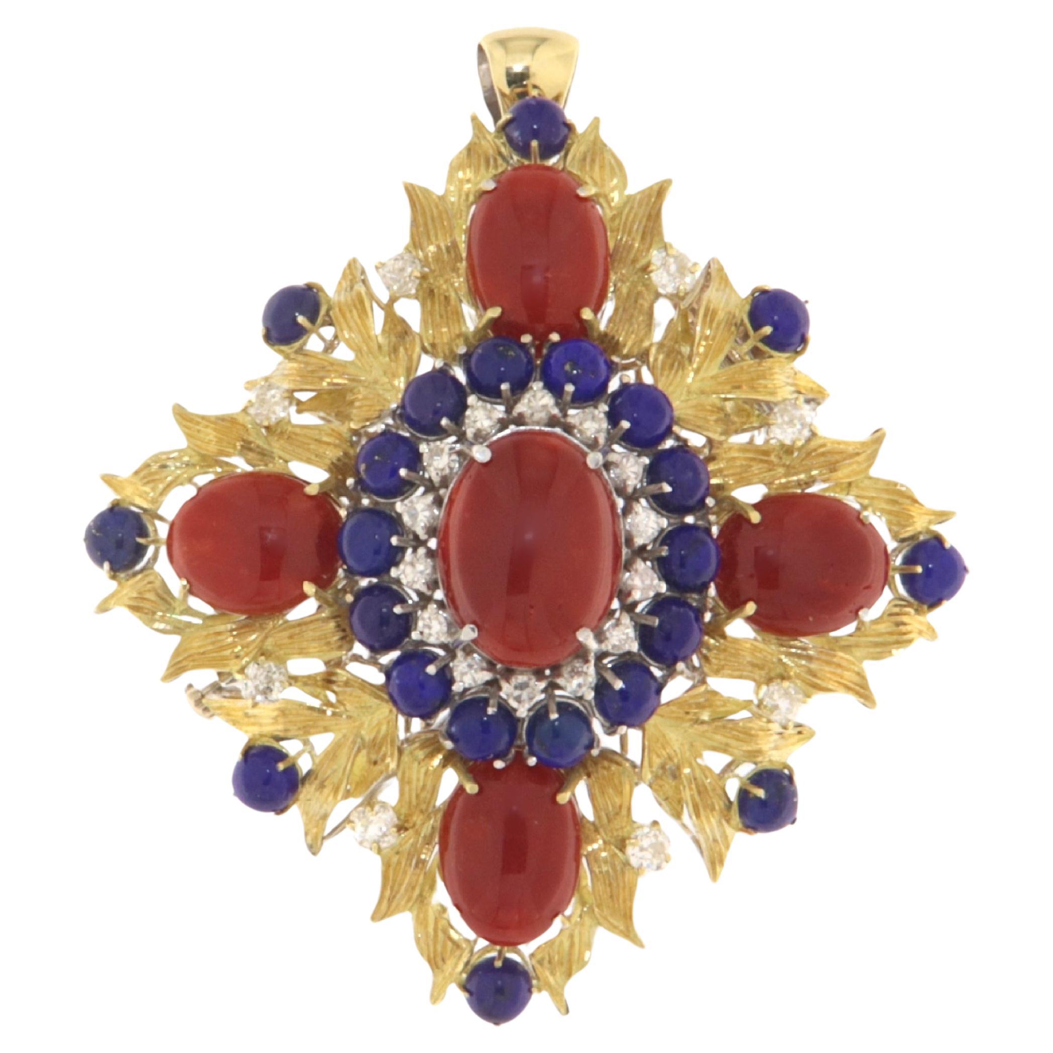 Coral Lapis Diamonds 18 Karat Yellow Gold Brooch And Pendant Necklace For Sale