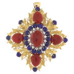 Coral Lapis Diamonds 18 Karat Yellow Gold Brooch And Pendant Necklace