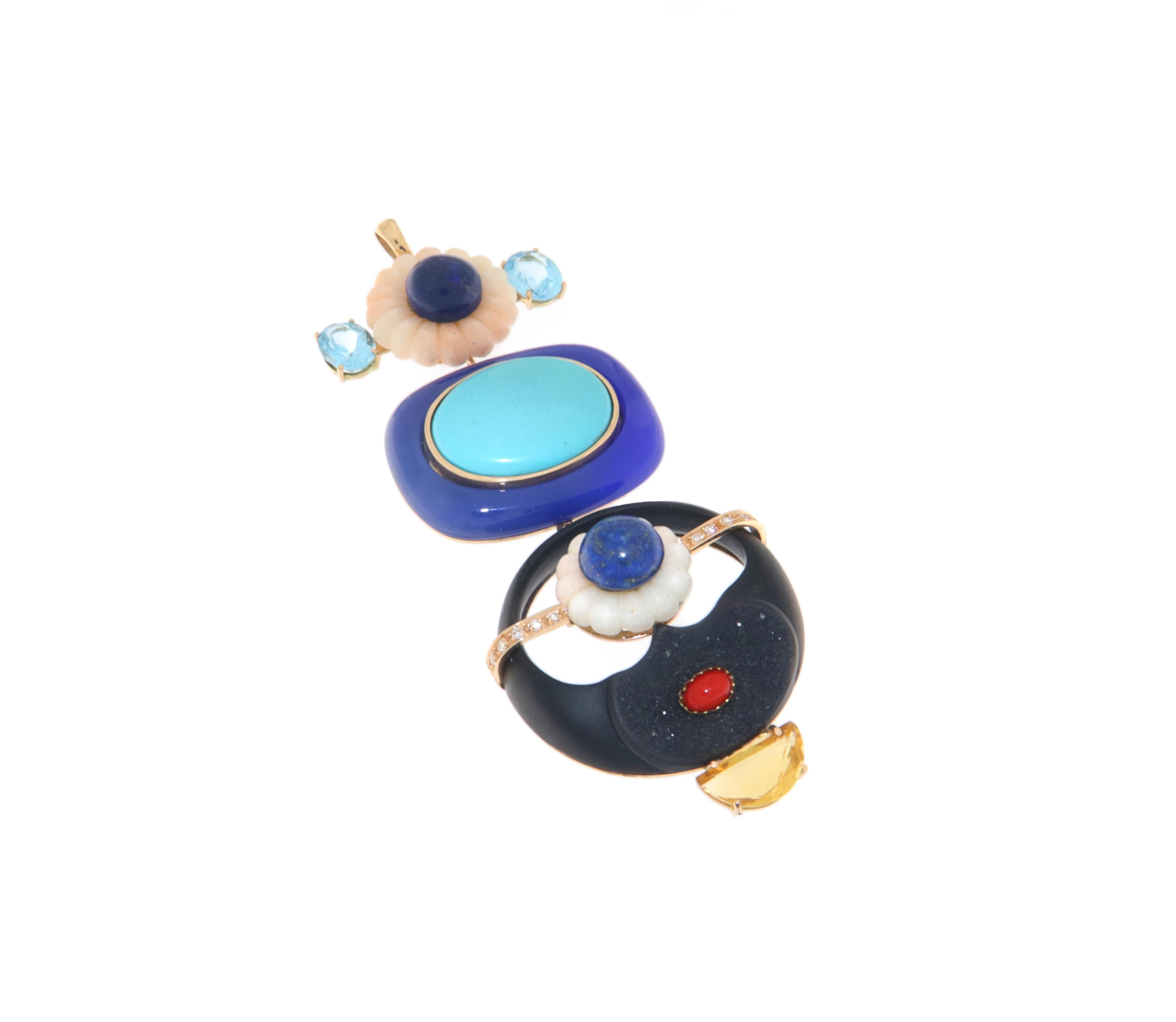 Artisan Coral Lapis Diamonds Citrine 14 Karat Yellow Gold Pendant Necklace For Sale
