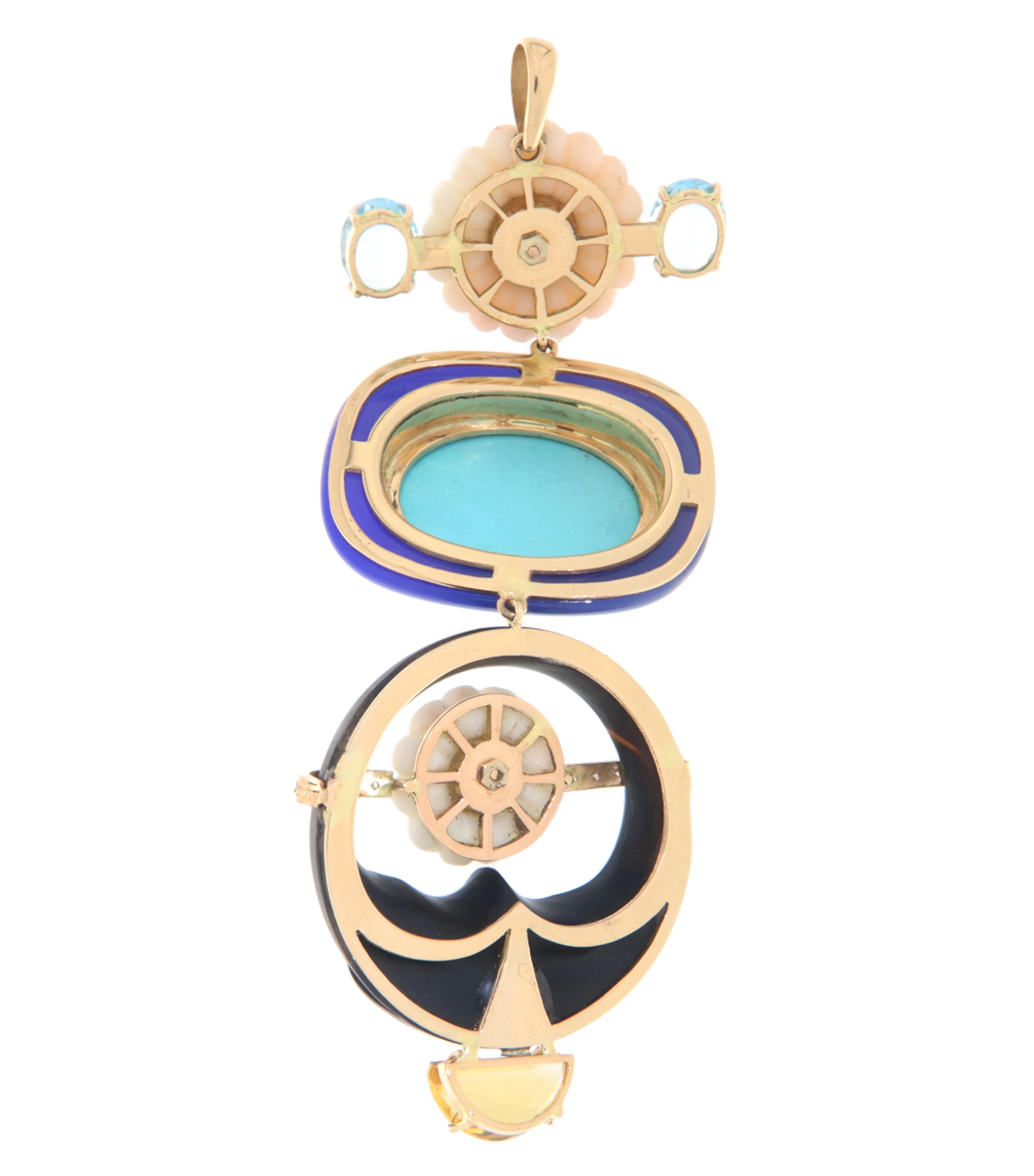 Brilliant Cut Coral Lapis Diamonds Citrine 14 Karat Yellow Gold Pendant Necklace For Sale