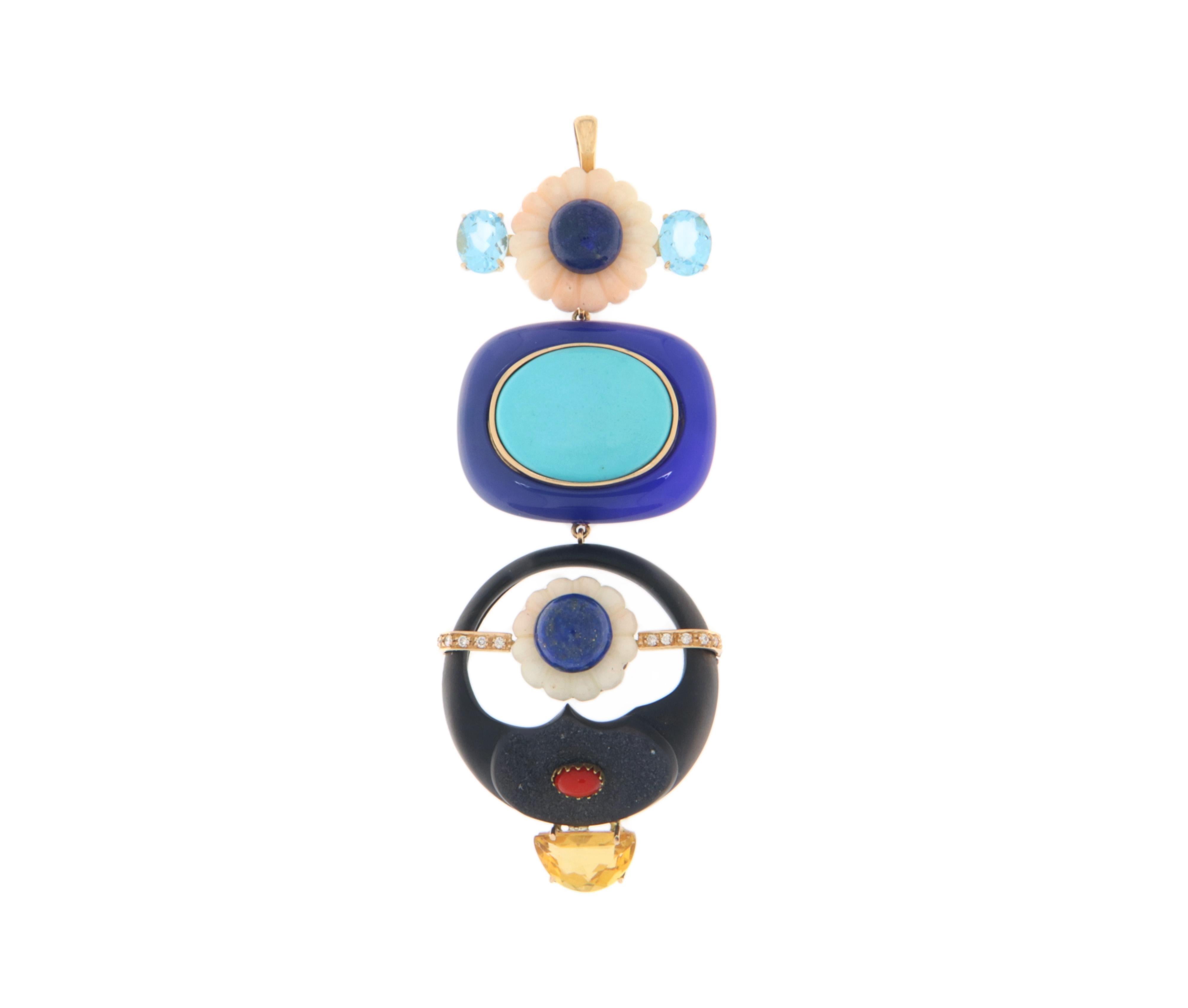 Coral Lapis Diamonds Citrine 14 Karat Yellow Gold Pendant Necklace In New Condition For Sale In Marcianise, IT