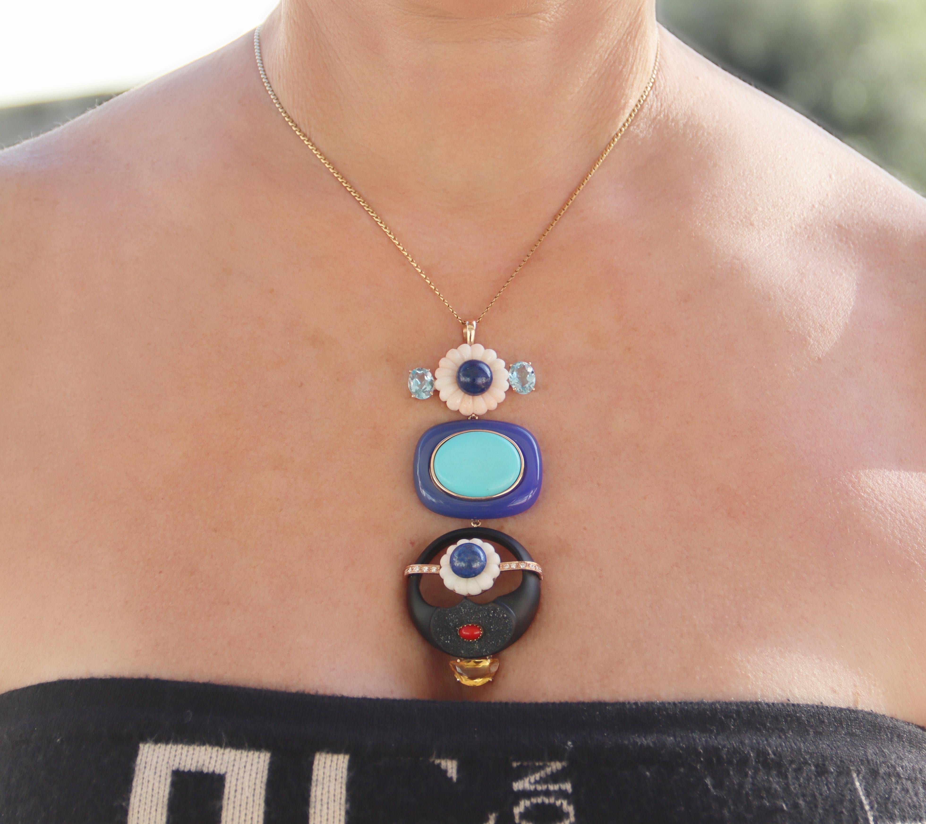Coral Lapis Diamonds Citrine 14 Karat Yellow Gold Pendant Necklace For Sale 1