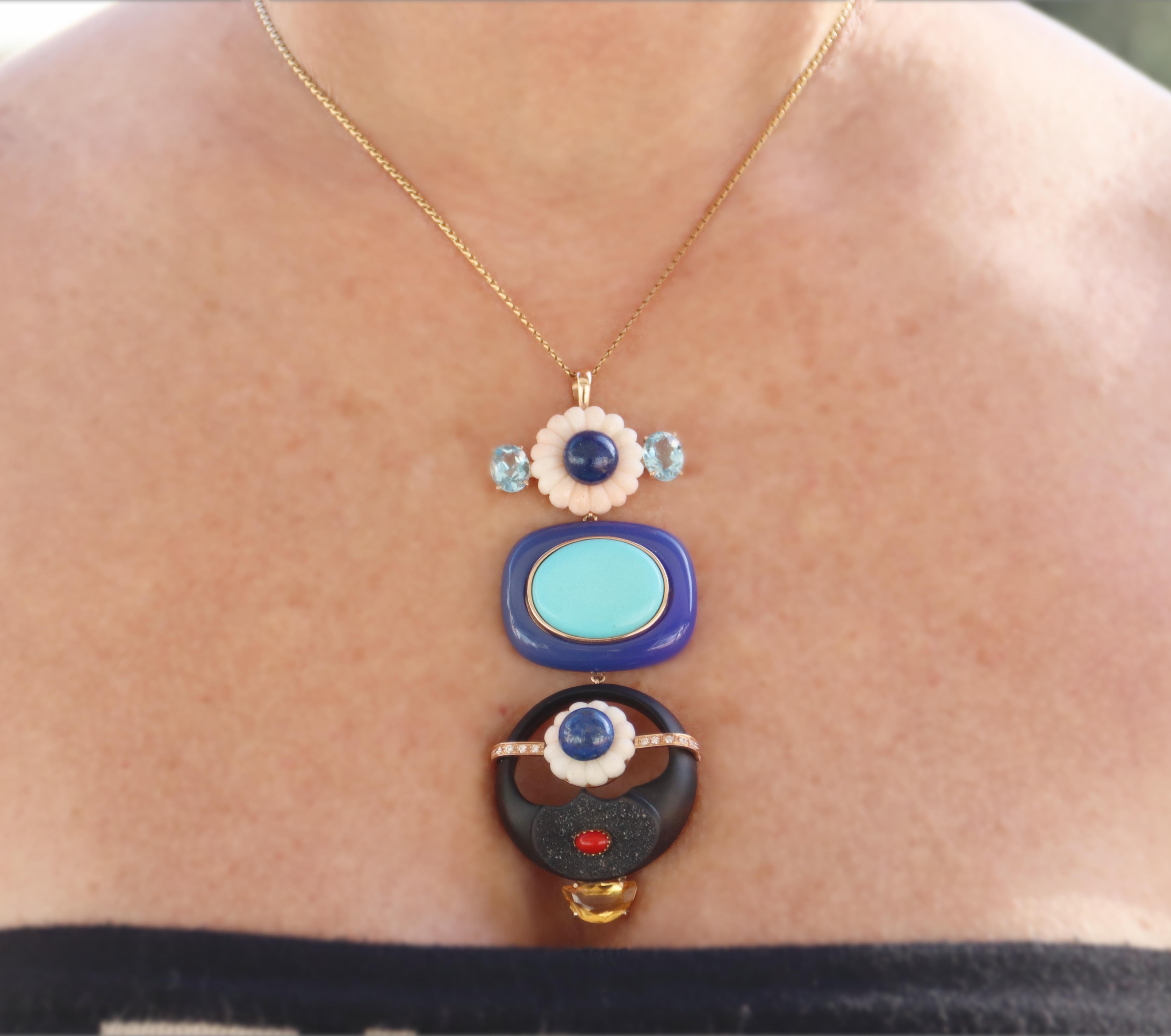 Coral Lapis Diamonds Citrine 14 Karat Yellow Gold Pendant Necklace For Sale 2