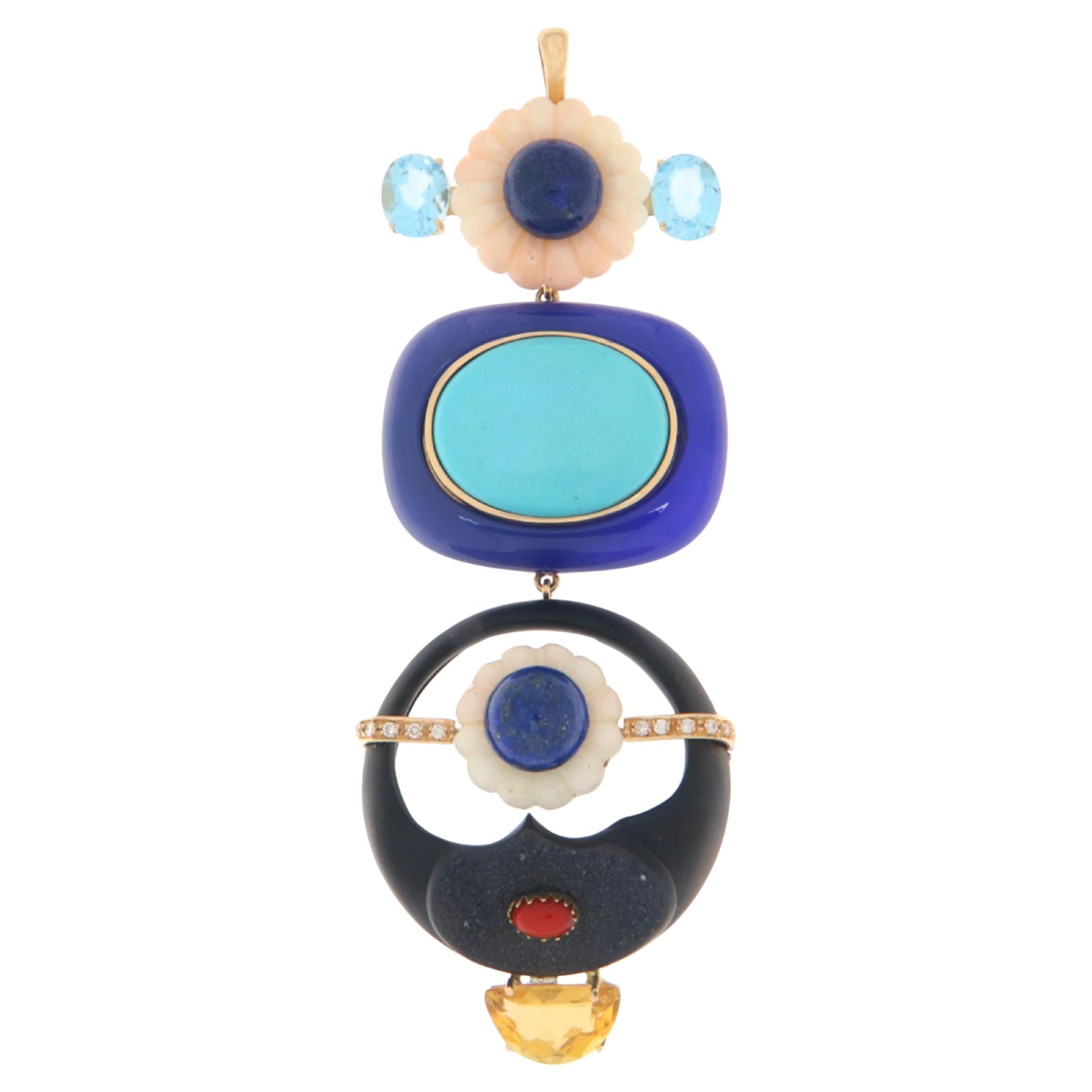 Coral Lapis Diamonds Citrine 14 Karat Yellow Gold Pendant Necklace