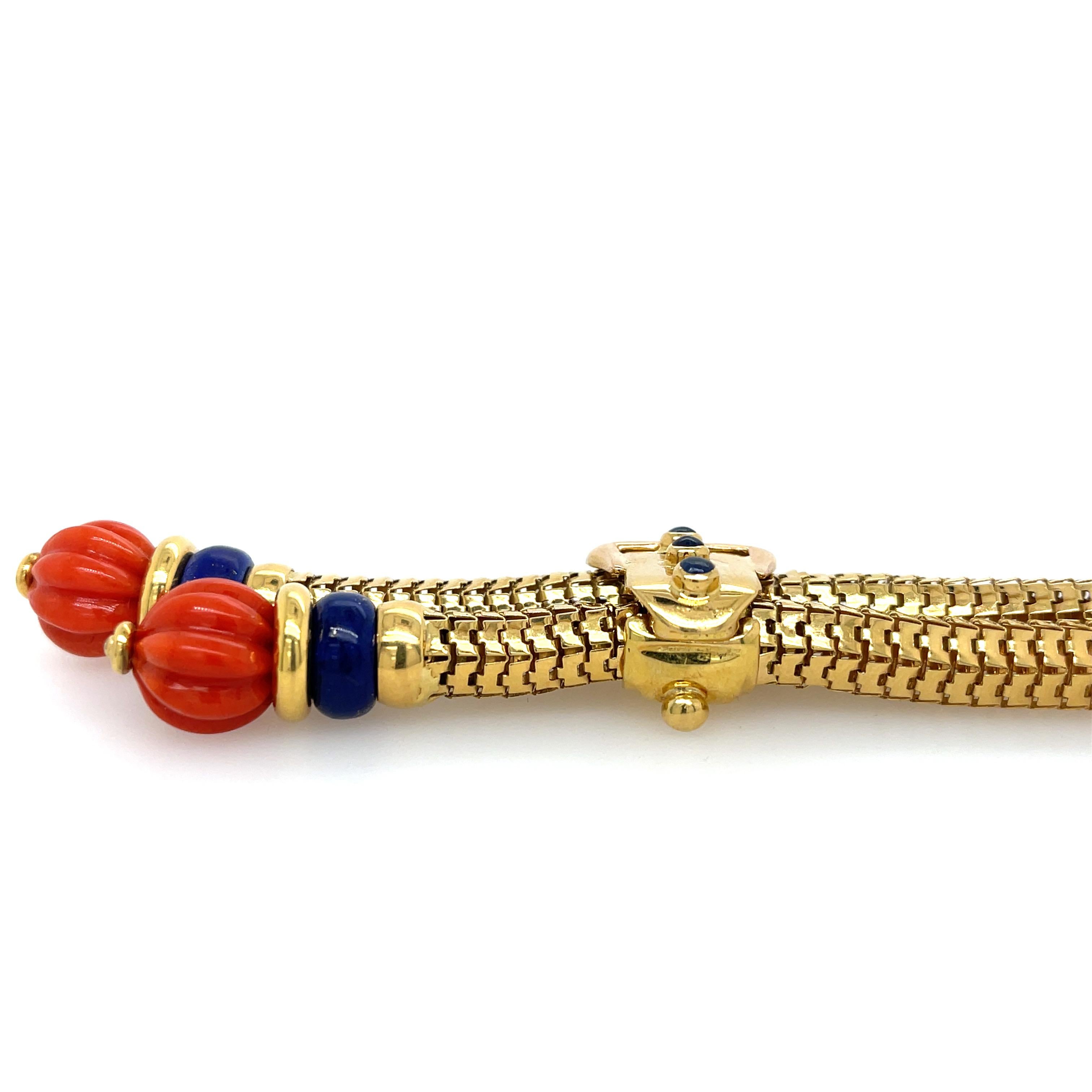 Modern Coral & Lapis Lariat Necklace Yellow Gold