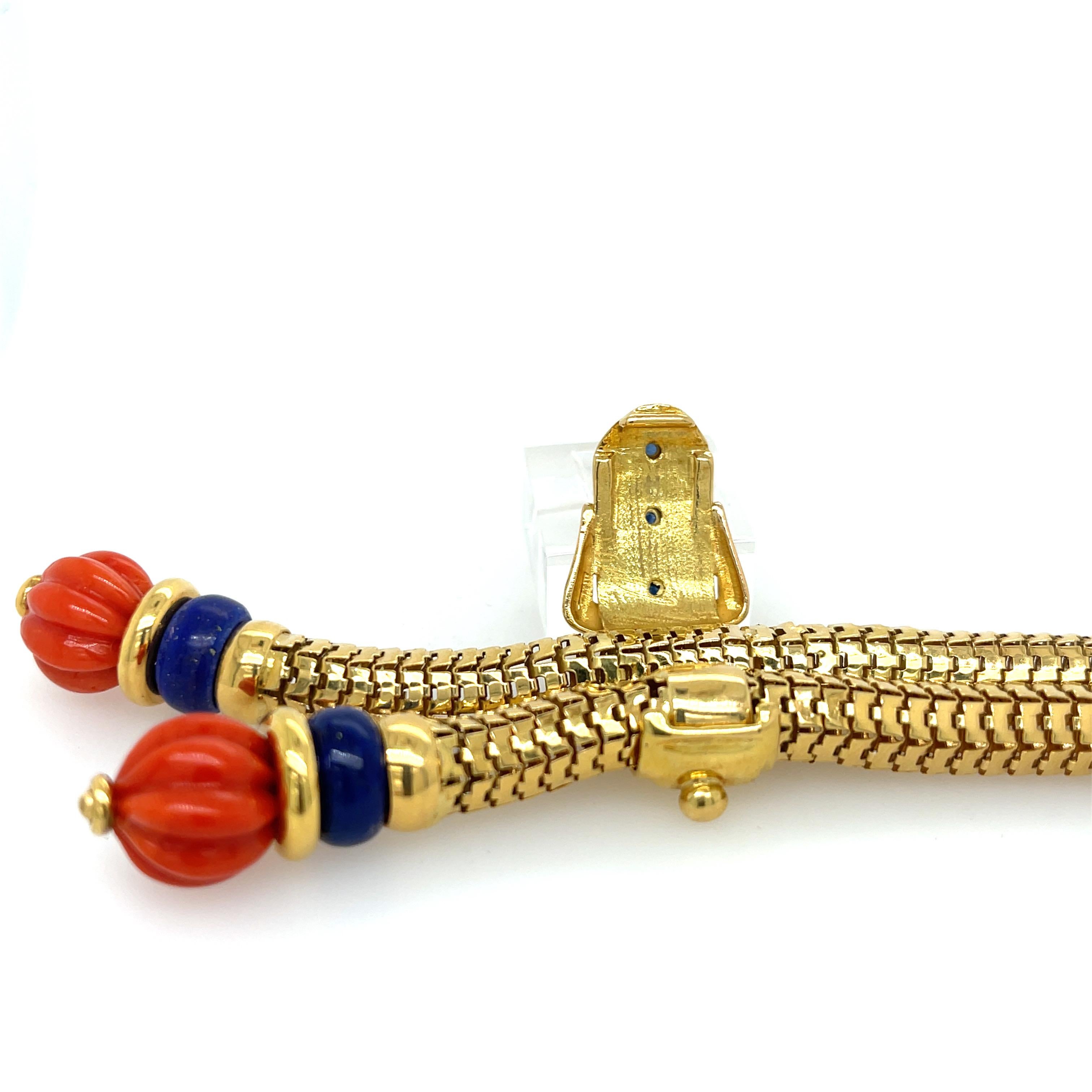 Mixed Cut Coral & Lapis Lariat Necklace Yellow Gold