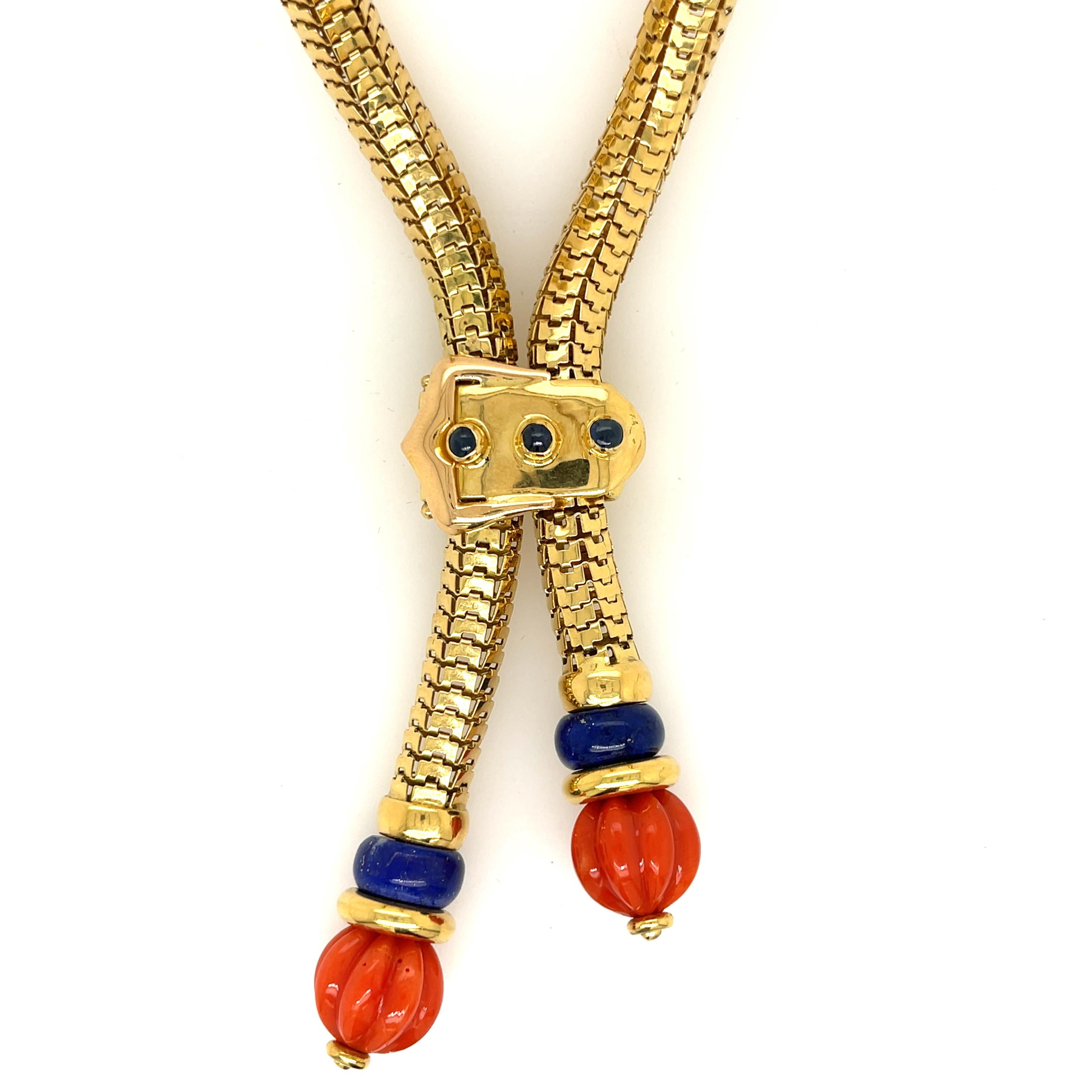 Coral & Lapis Lariat Necklace Yellow Gold In Good Condition In Dallas, TX