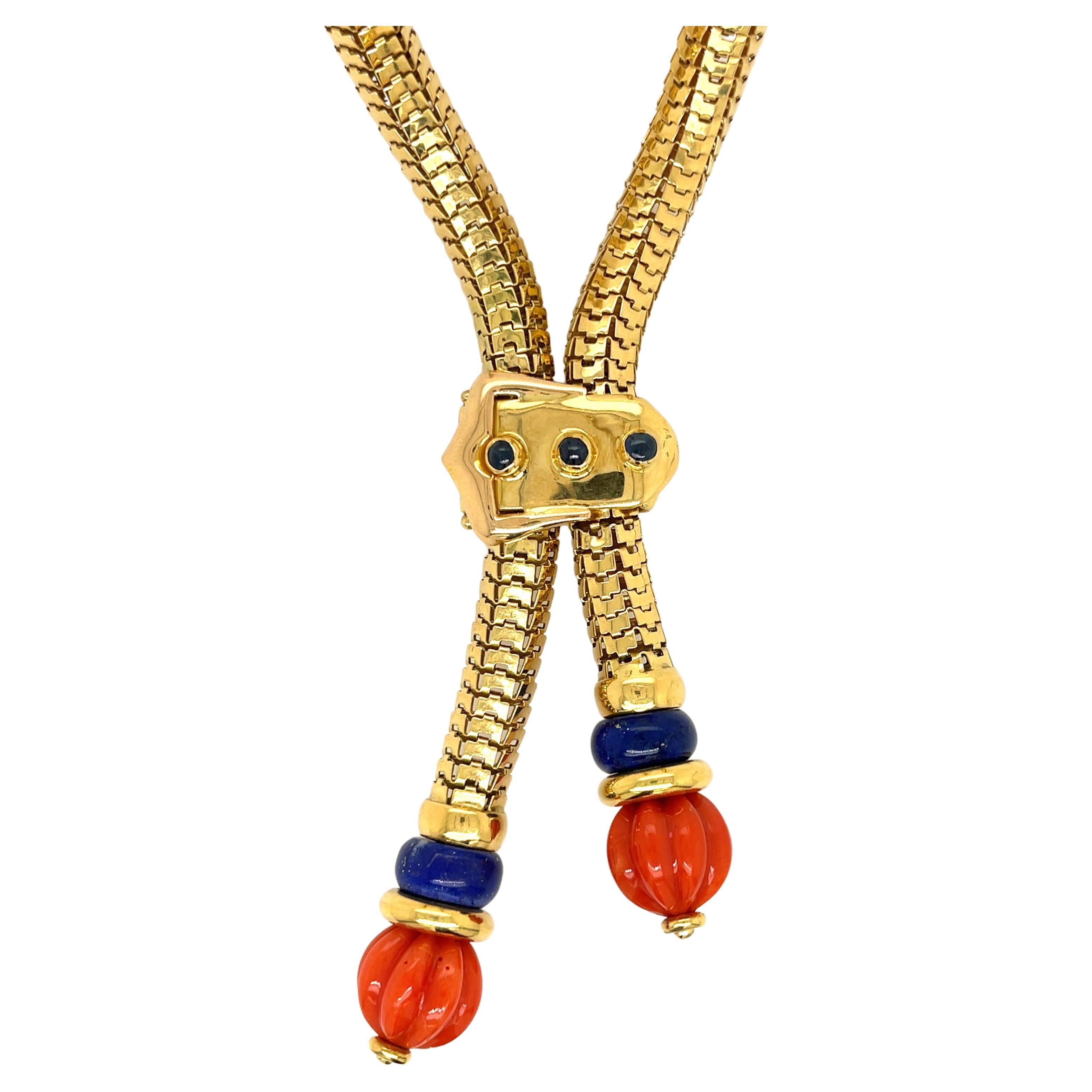 Coral & Lapis Lariat Necklace Yellow Gold