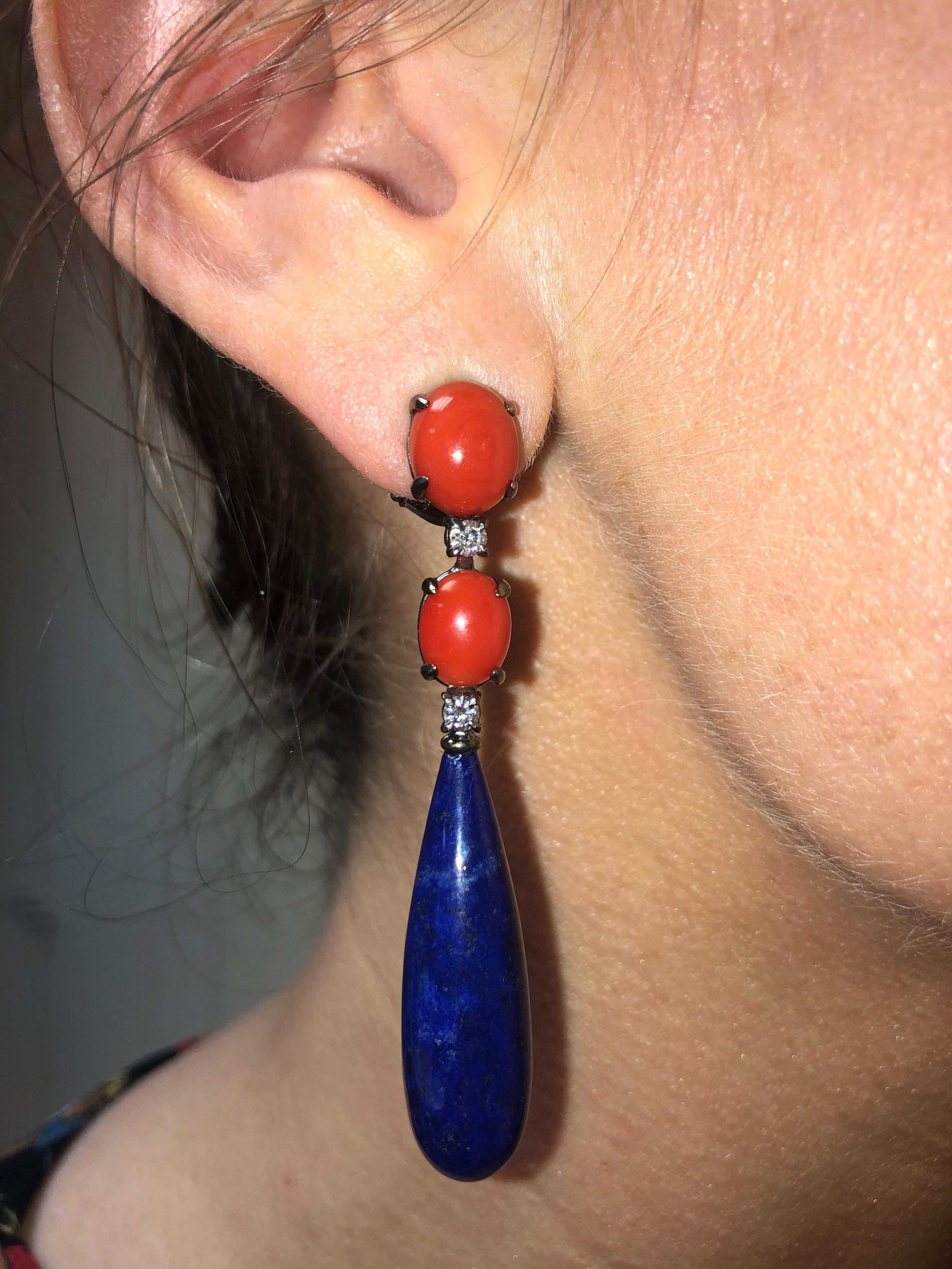 Coral Lapis Lazuli Diamond Chandelier Earrings 3