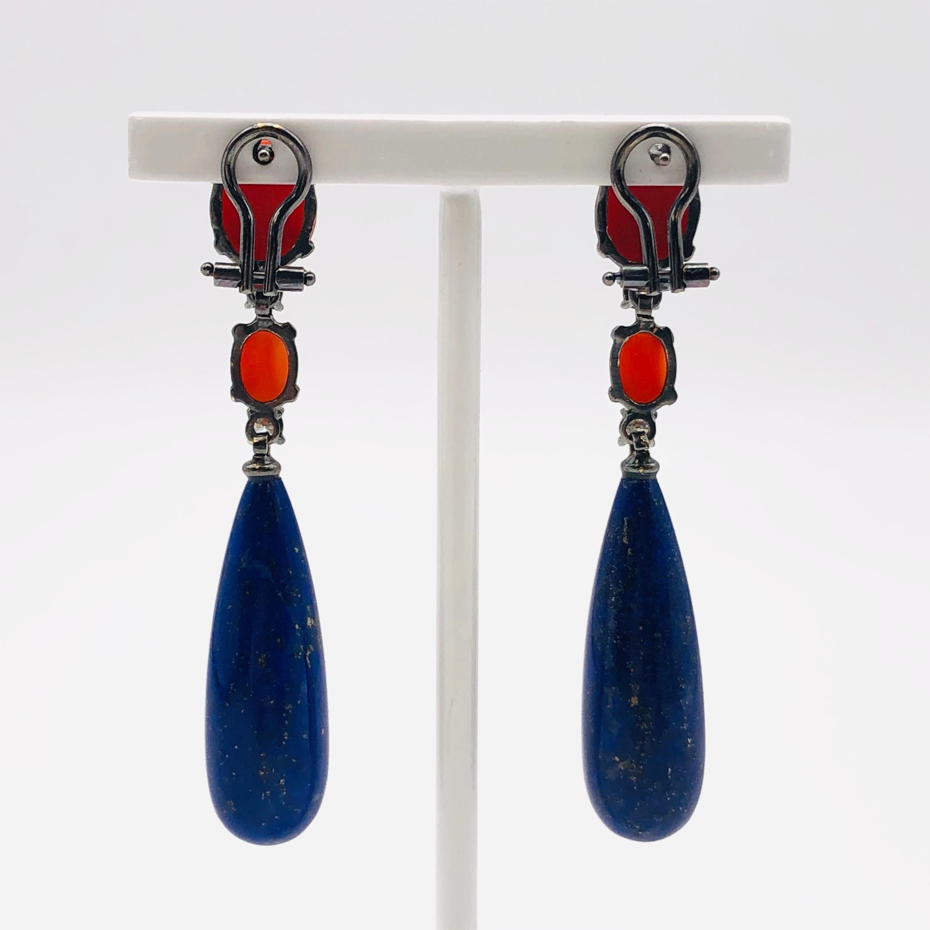 Contemporary Coral Lapis Lazuli Diamond Chandelier Earrings For Sale