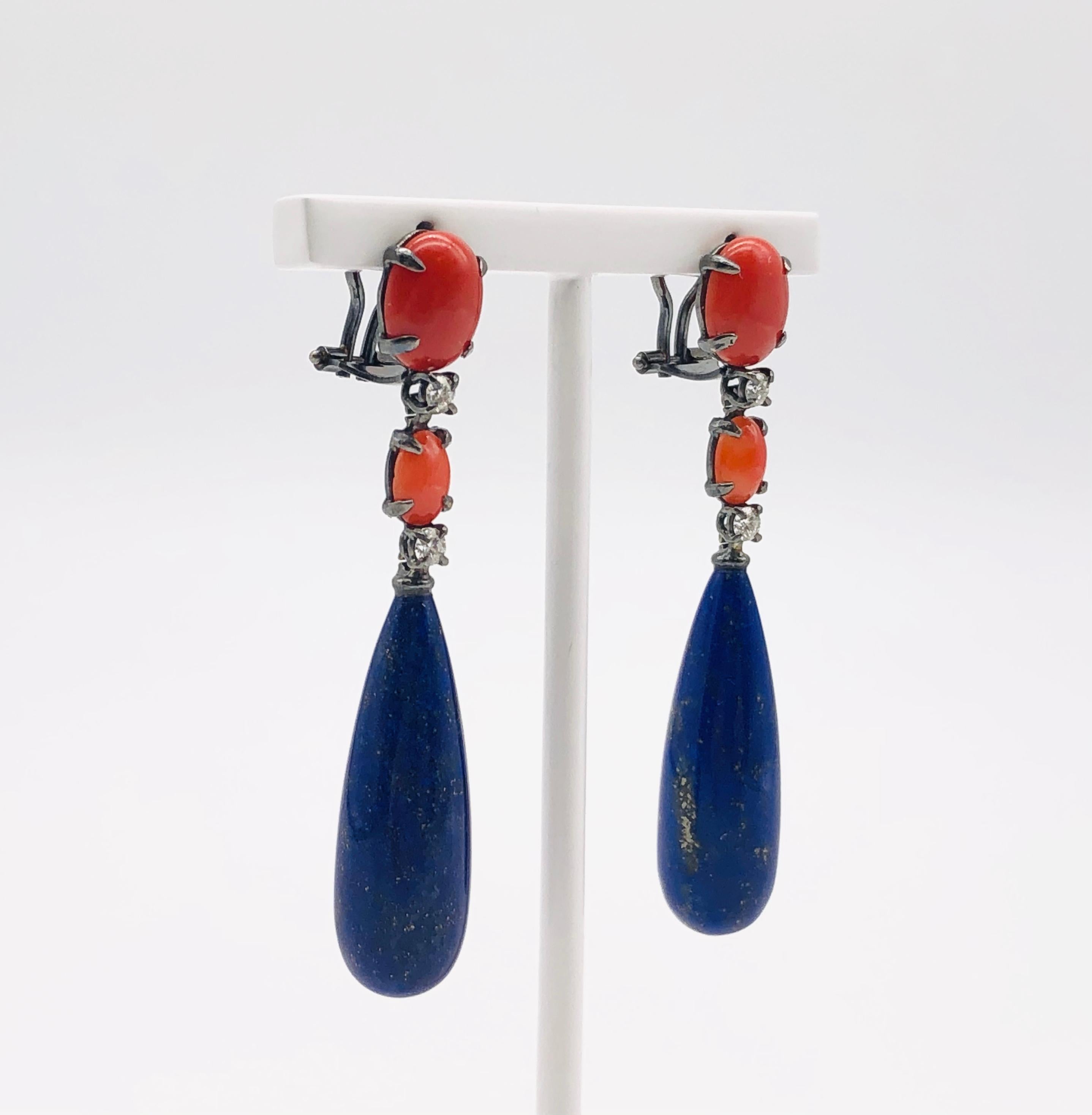 Oval Cut Coral Lapis Lazuli Diamond Chandelier Earrings For Sale