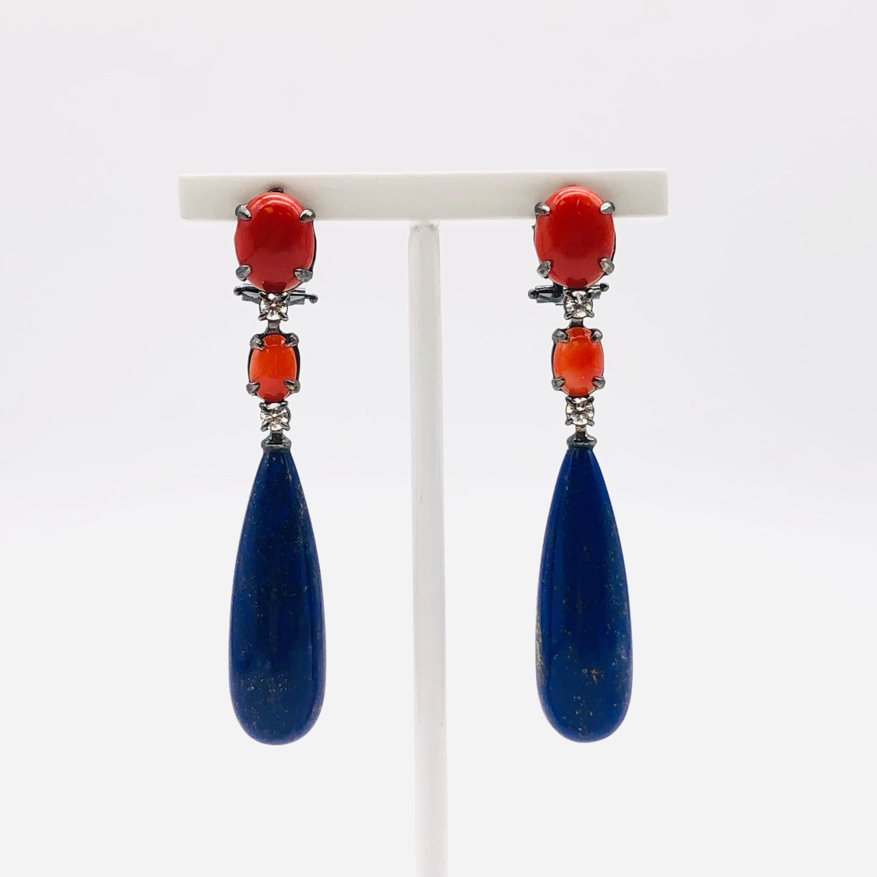 Coral Lapis Lazuli Diamond Chandelier Earrings In New Condition For Sale In Vannes, FR