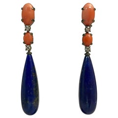 Coral Lapis Lazuli Diamond Chandelier Earrings