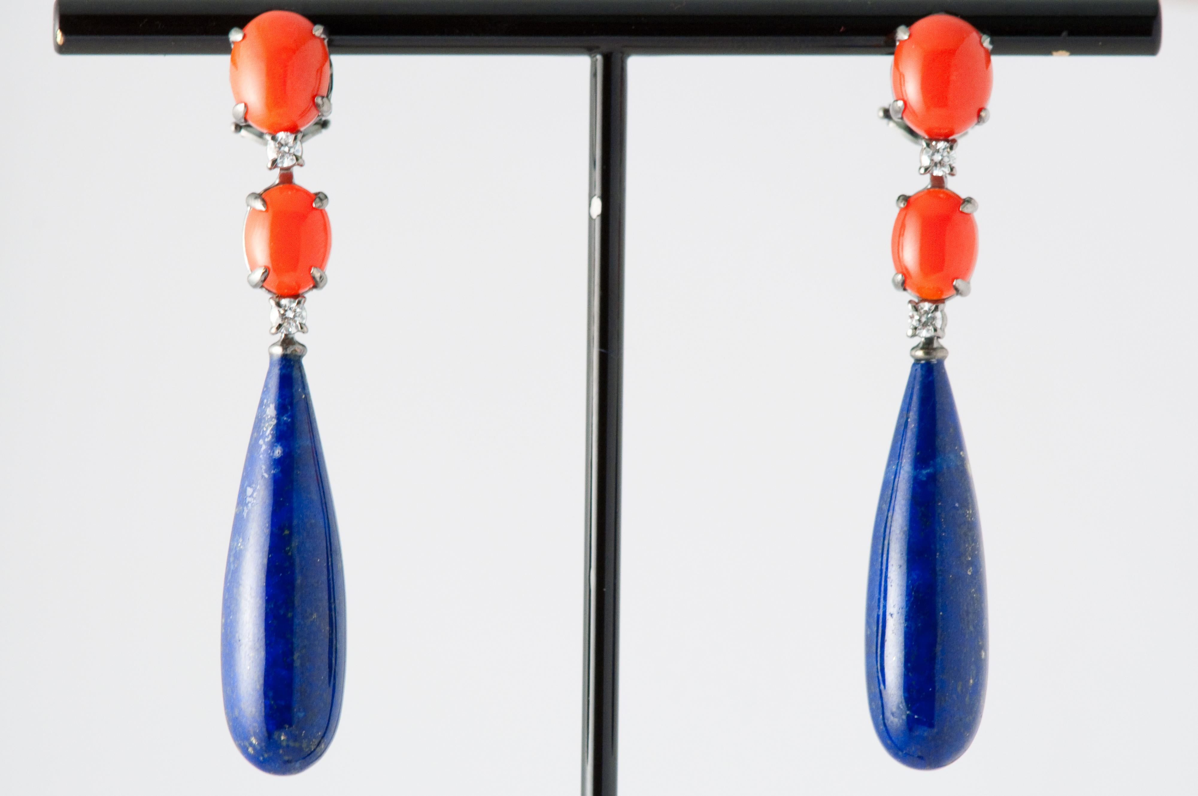 Cabochon Coral Lapis Lazuli Diamonds Chandelier Earrings For Sale