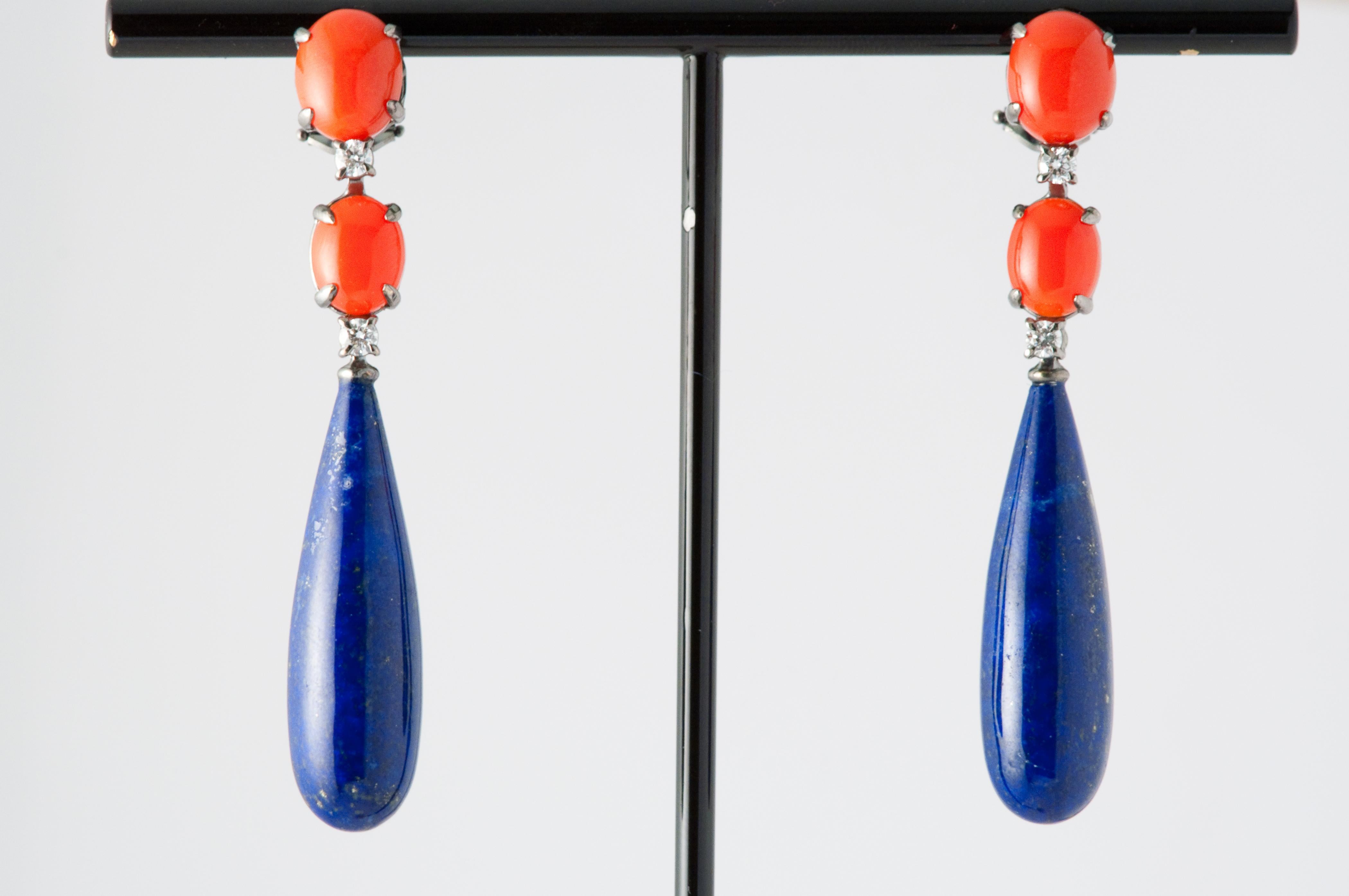 Coral Lapis Lazuli Diamonds Chandelier Earrings In New Condition For Sale In Vannes, FR