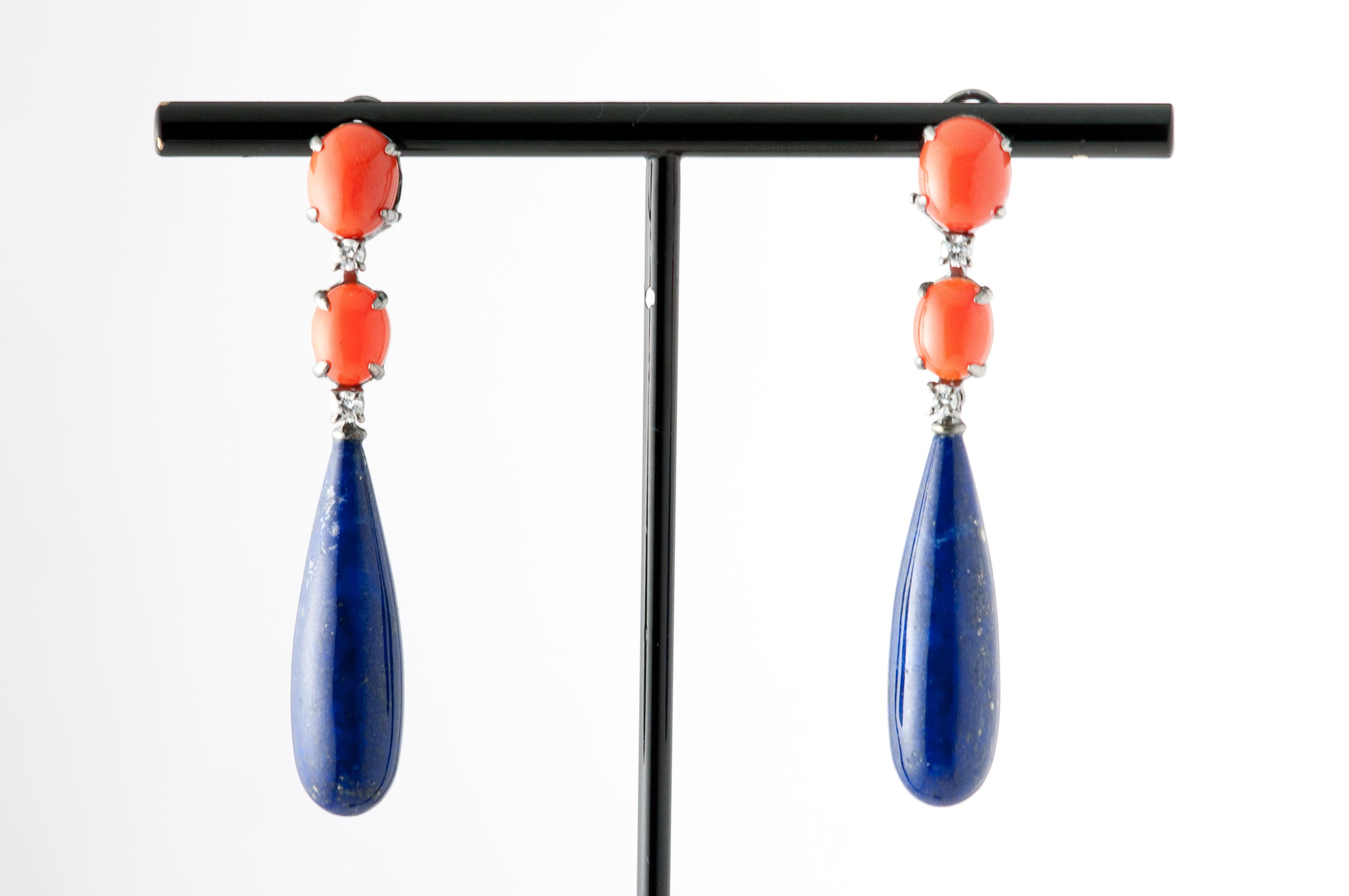 Women's Coral Lapis Lazuli Diamonds Chandelier Earrings For Sale