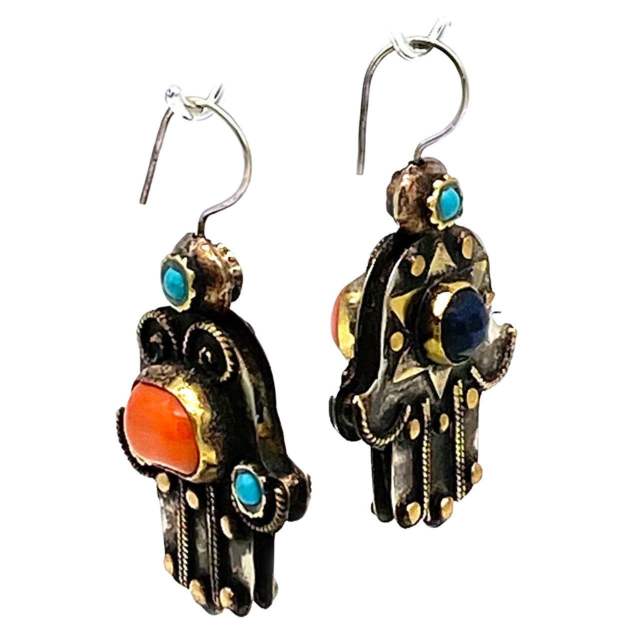 Coral & Lapis Lazuli Hamsa Drop Earrings