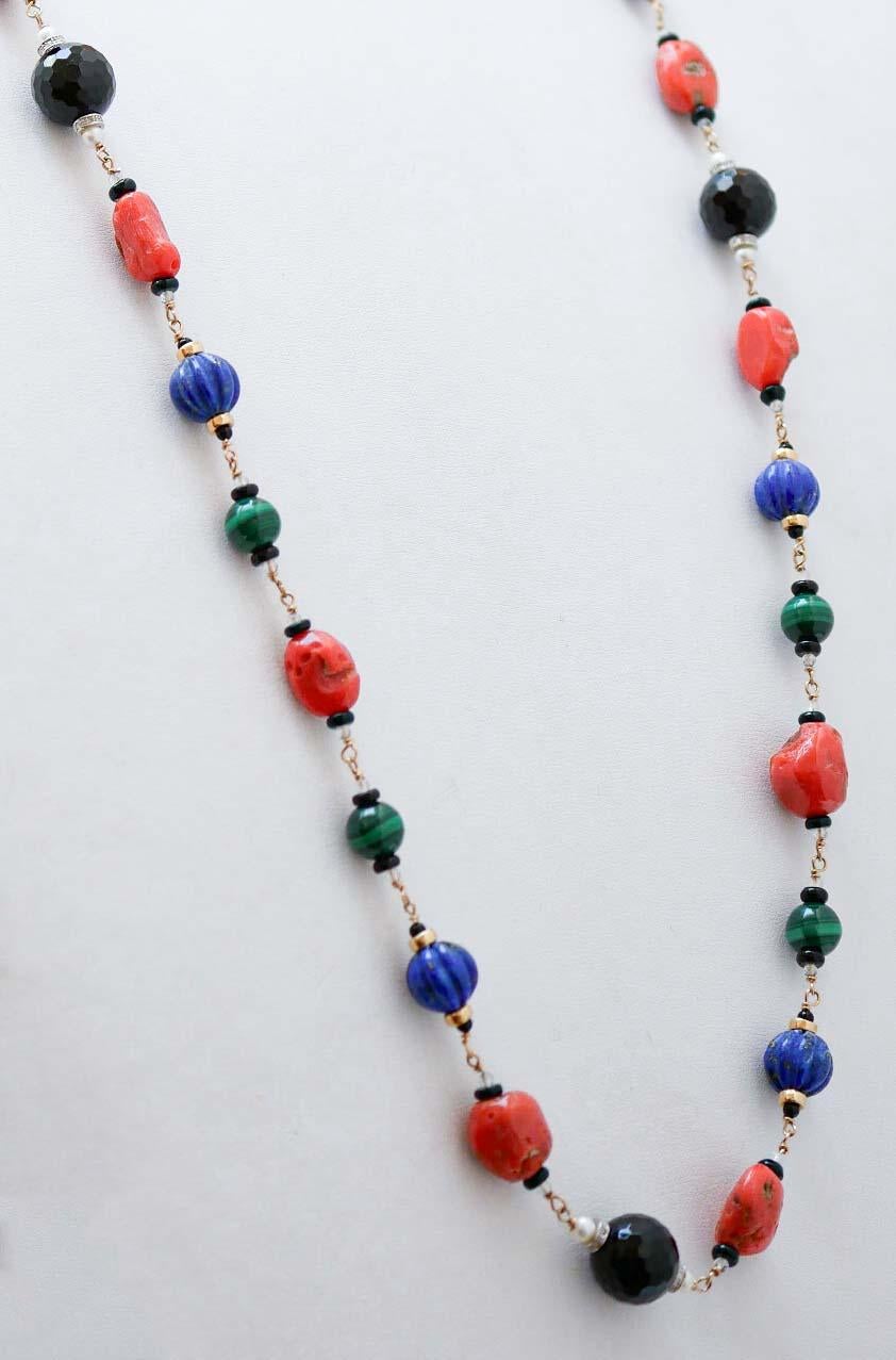 Retro Coral, Lapis, Malakite, Onyx, Diamonds, Pearls, Rock Crystal, Gold Necklace. For Sale