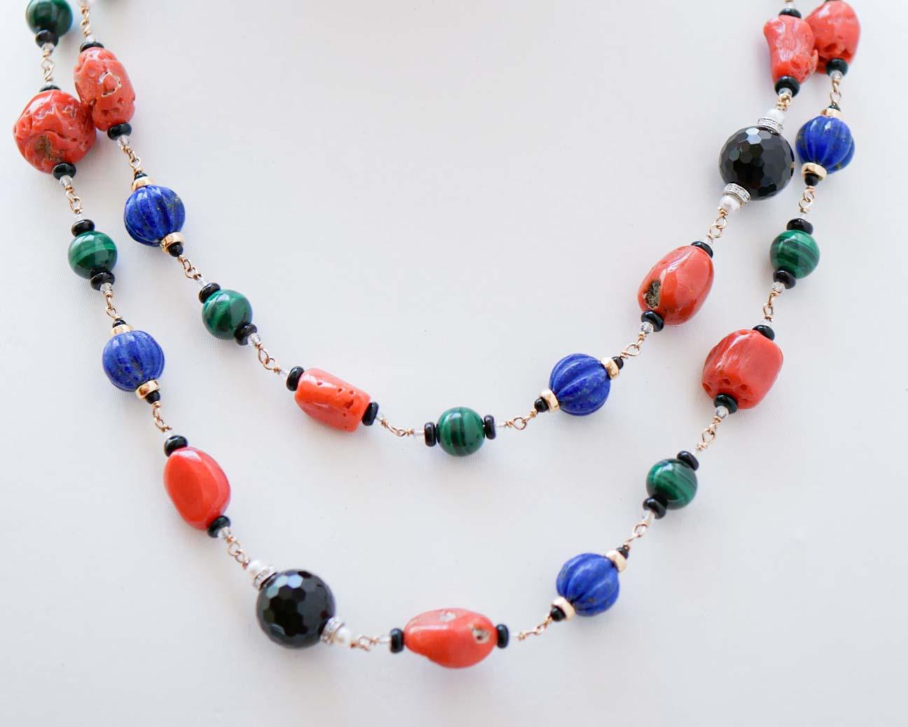 Mixed Cut Coral, Lapis, Malakite, Onyx, Diamonds, Pearls, Rock Crystal, Gold Necklace. For Sale