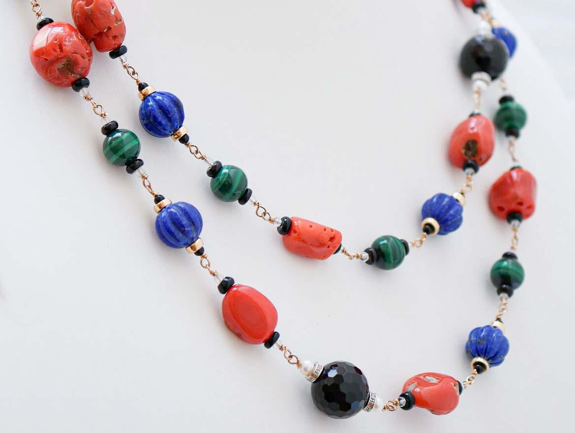 Coral, Lapis, Malakite, Onyx, Diamonds, Pearls, Rock Crystal, Gold Necklace. In Good Condition For Sale In Marcianise, Marcianise (CE)