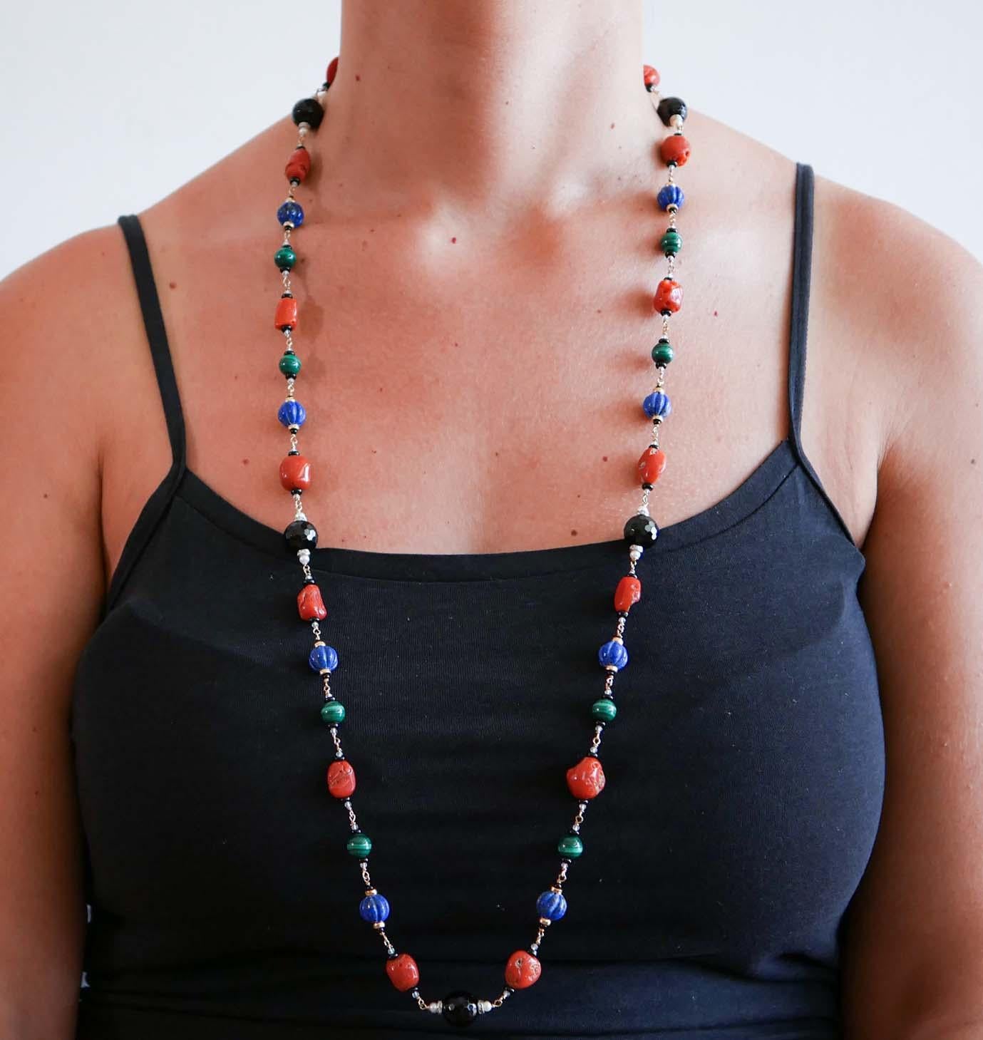 Women's Coral, Lapis, Malakite, Onyx, Diamonds, Pearls, Rock Crystal, Gold Necklace. For Sale