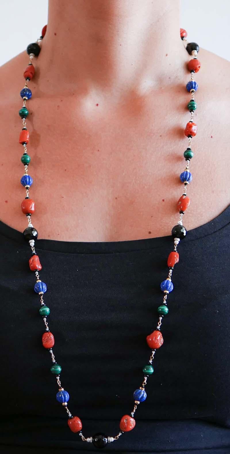 Coral, Lapis, Malakite, Onyx, Diamonds, Pearls, Rock Crystal, Gold Necklace. For Sale 1